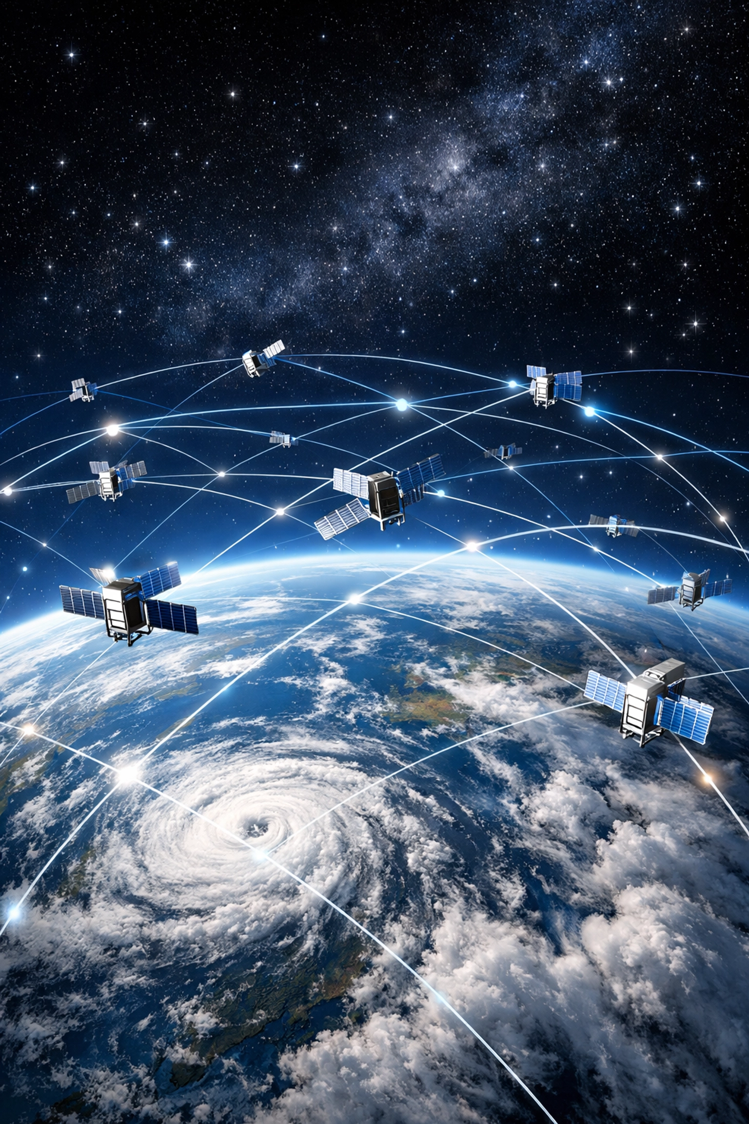 Satellite network orbiting Earth tracking global weather patterns and storms