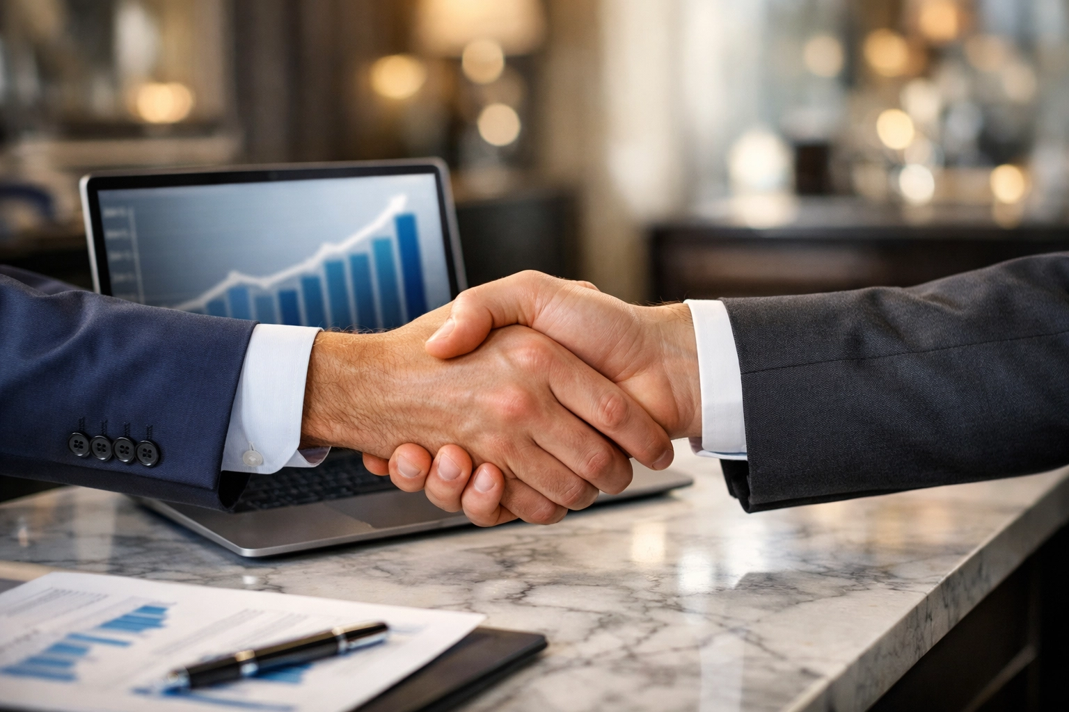 Consultant and client handshaking after a successful ServiceNow ITOM and ITAM license audit.