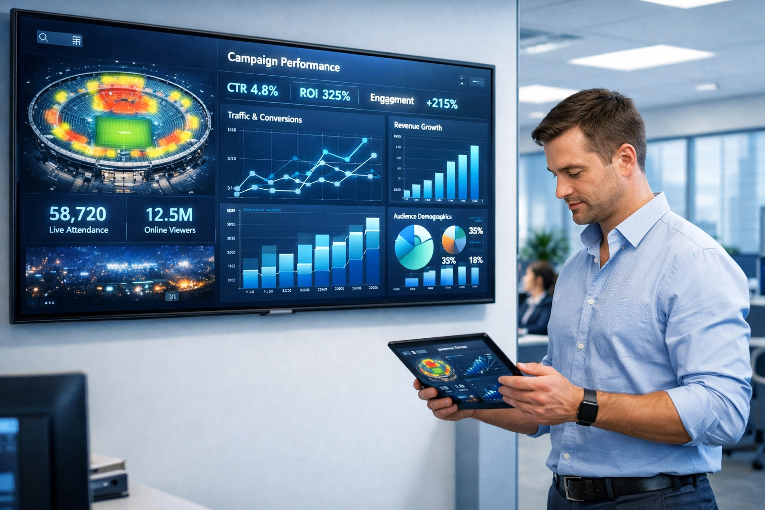Media buyer analyzing sports marketing campaign performance and data analytics on a digital dashboard.