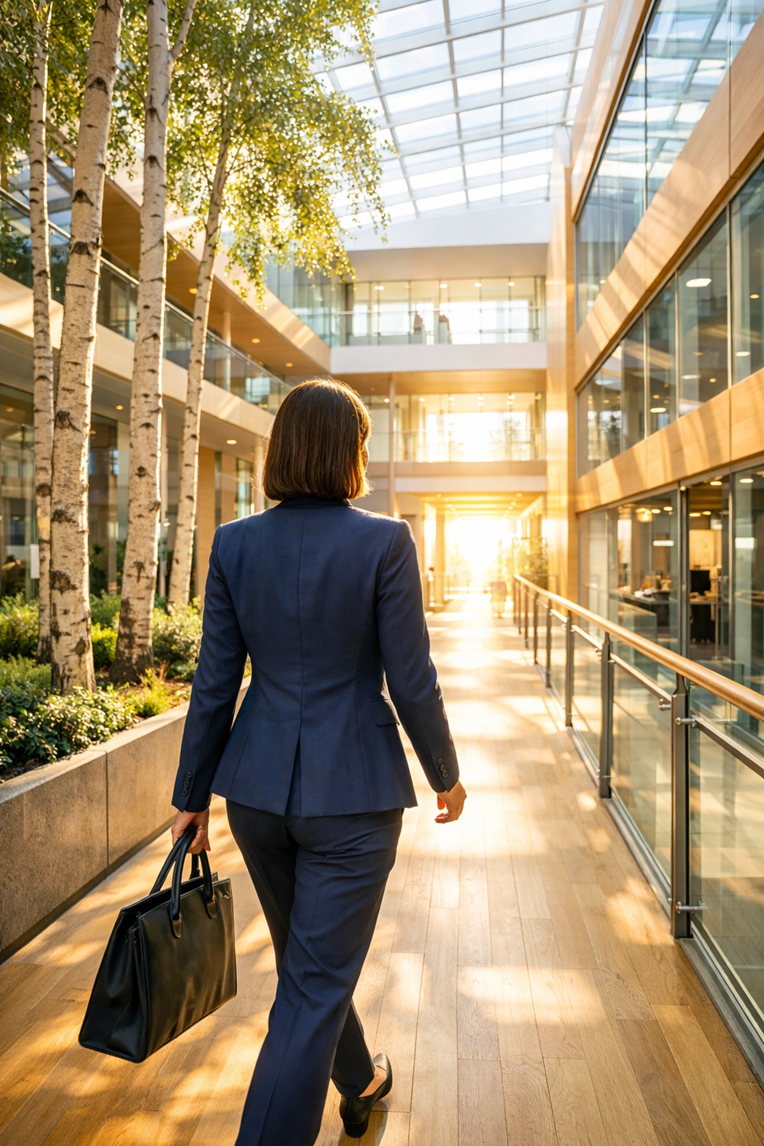 Confident professional walking through a modern office symbolizing a successful ServiceNow digital transformation.