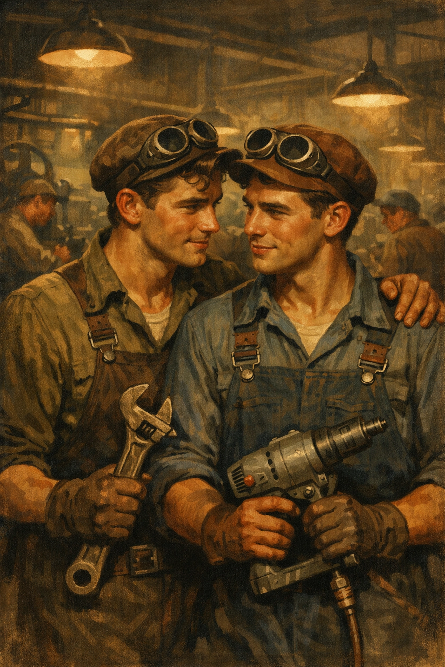 Gay factory workers sharing a secret moment during WWII home front production