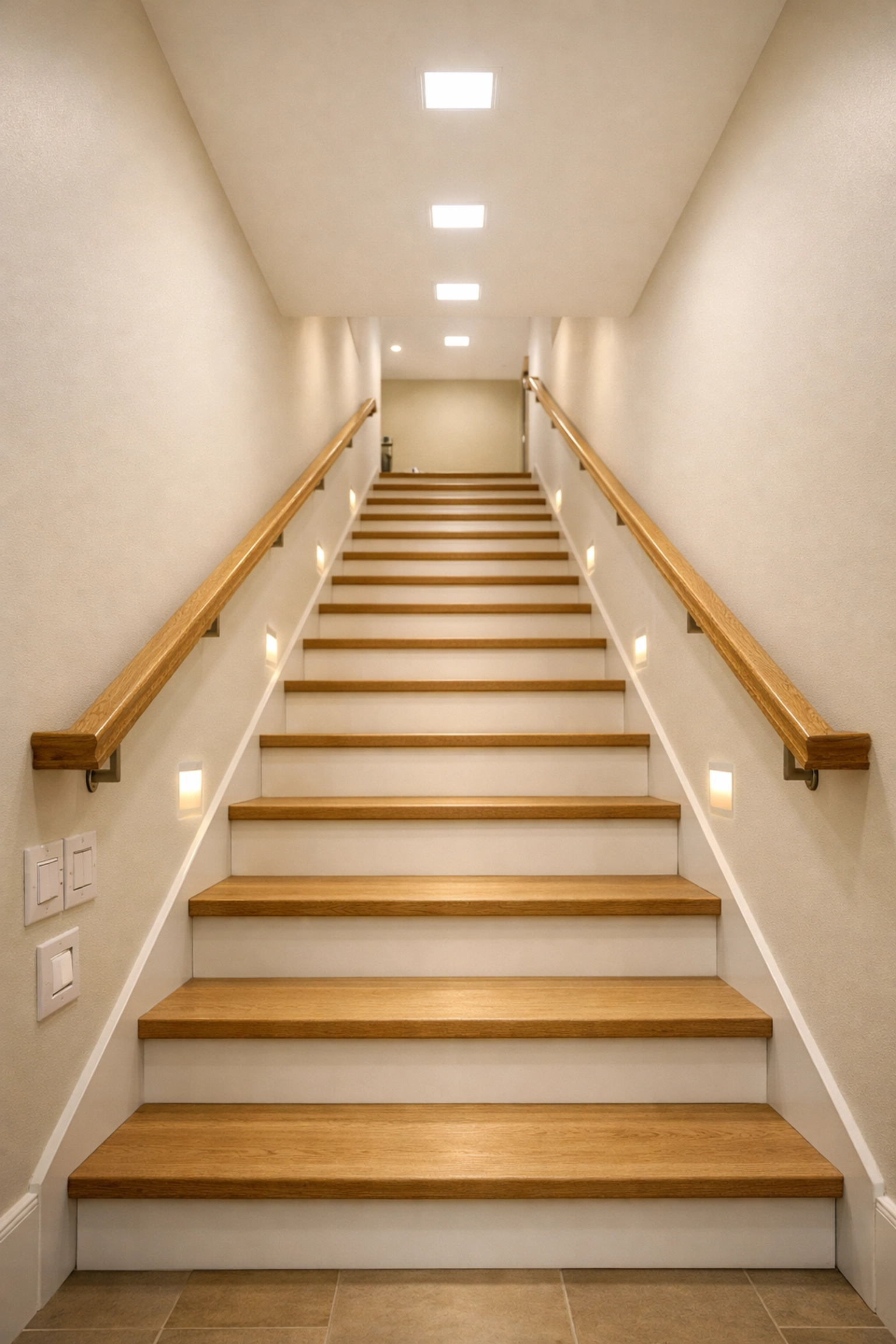 Well-lit residential stairwell with overhead lighting for safe stair navigation