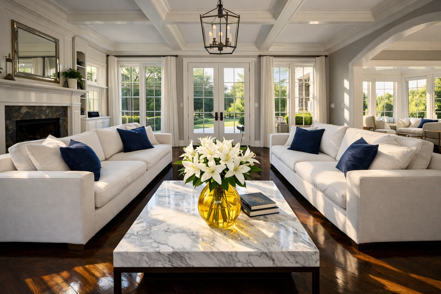 Pristine luxury living room in a Wenham estate after a professional weekly house cleaning service.