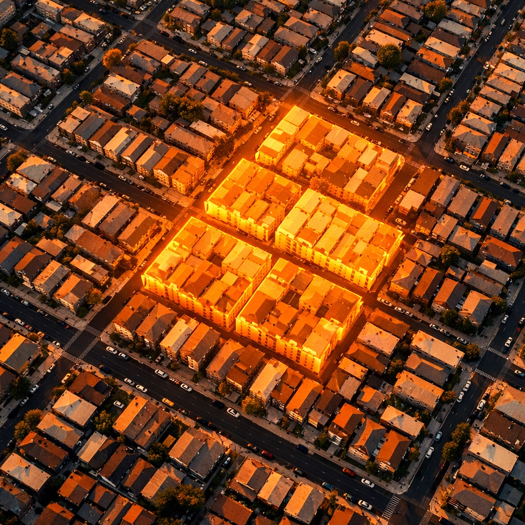 Aerial view of geographic density in a property management portfolio increasing market valuation for buyers.