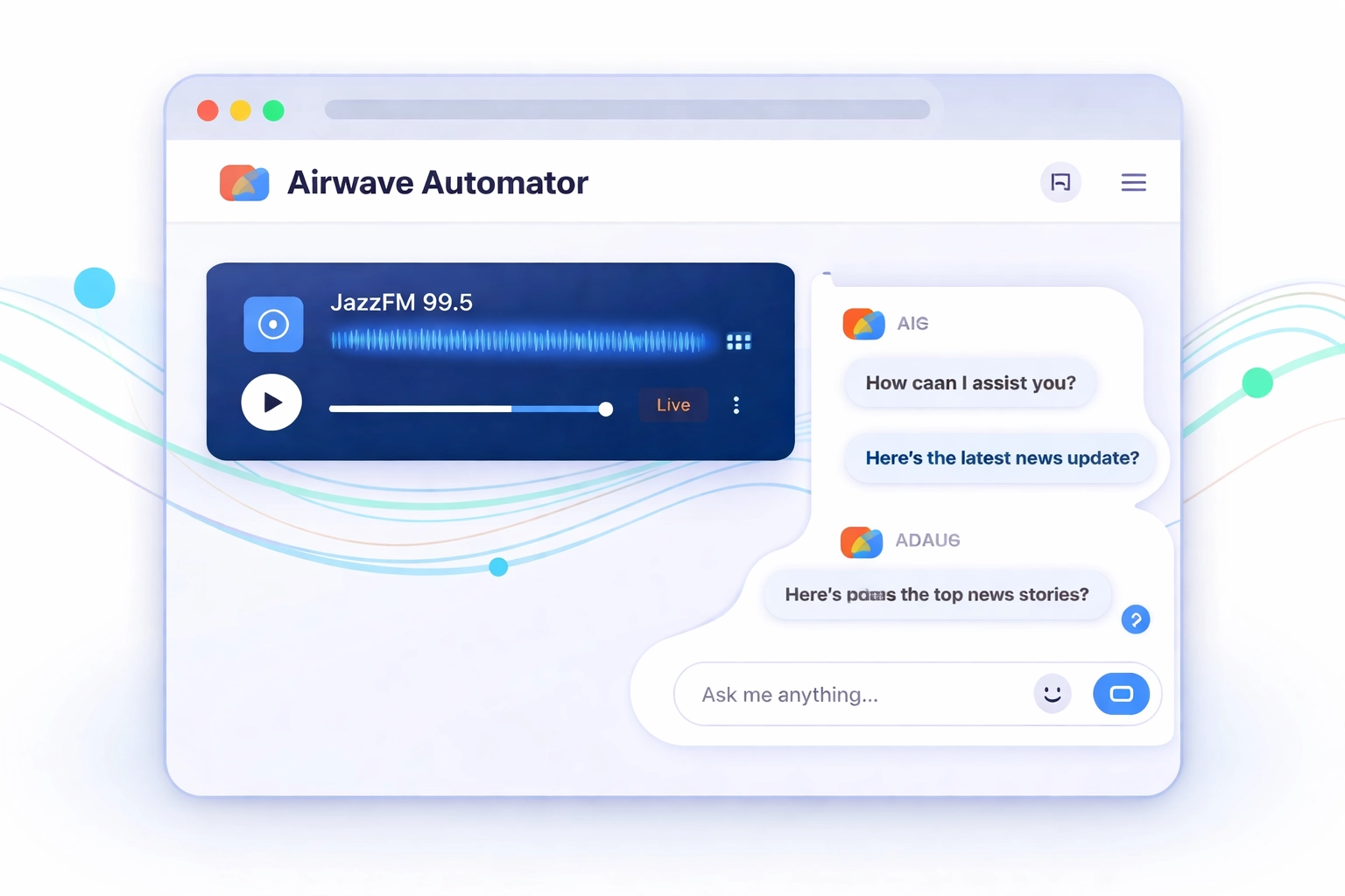 Illustration of a sleek Google Chrome extension interface with a built-in audio stream player and an interactive AI chat window for listener engagement, representing Airwave Automator.