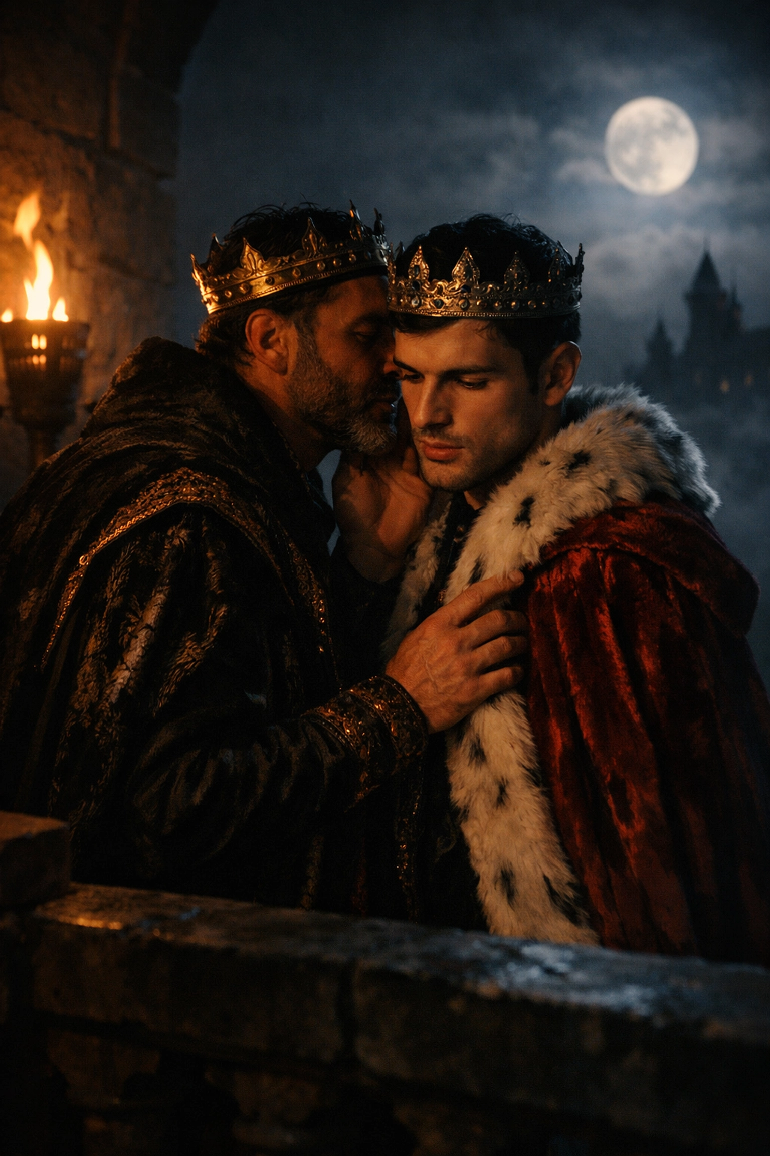 Two kings in royal attire whispering on a moonlit balcony, a classic scene from a gay historical romance.