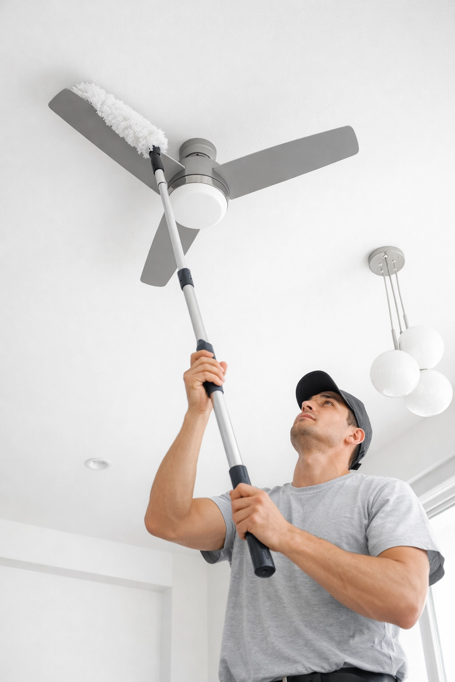 Cleaner using extendable duster to clean ceiling fan during apartment turnover deep clean