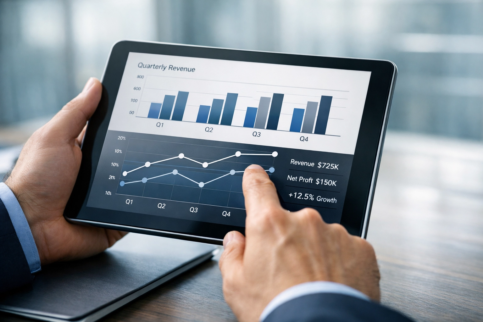 Professional holding a tablet with financial charts illustrating virtual CFO services and profitability tracking.