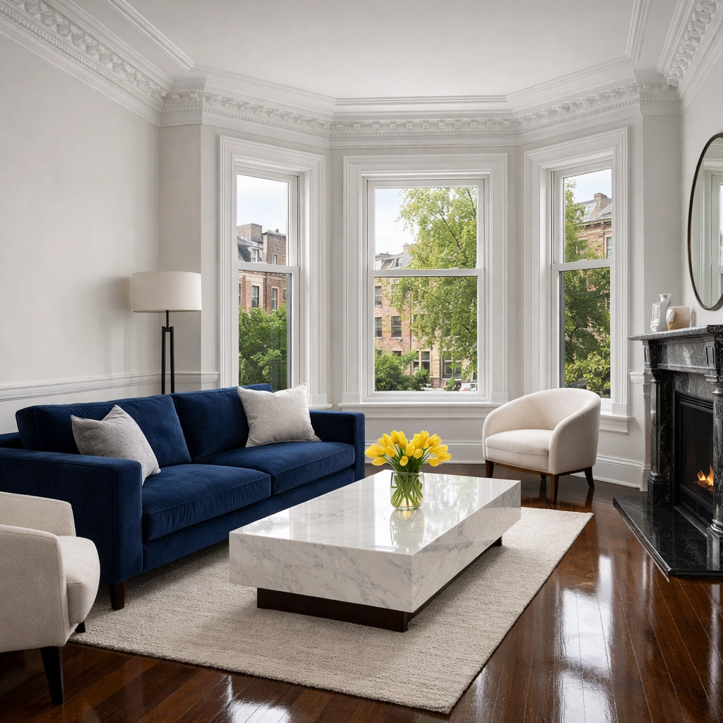 Pristine Boston brownstone living room showcasing the results of professional apartment cleaning in Massachusetts.