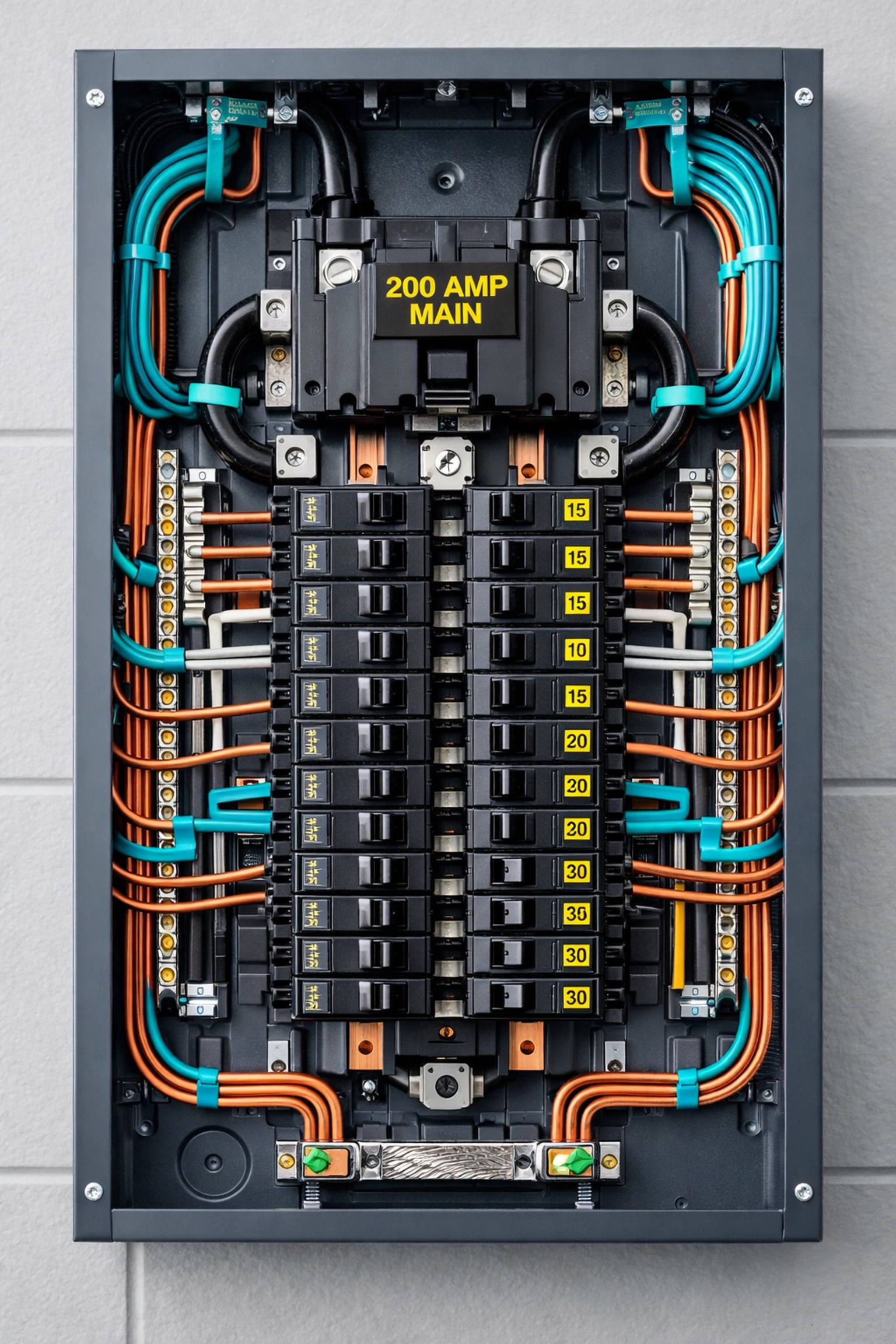 Interior view of a professional 200-amp electrical panel upgrade with code-compliant organized wiring.
