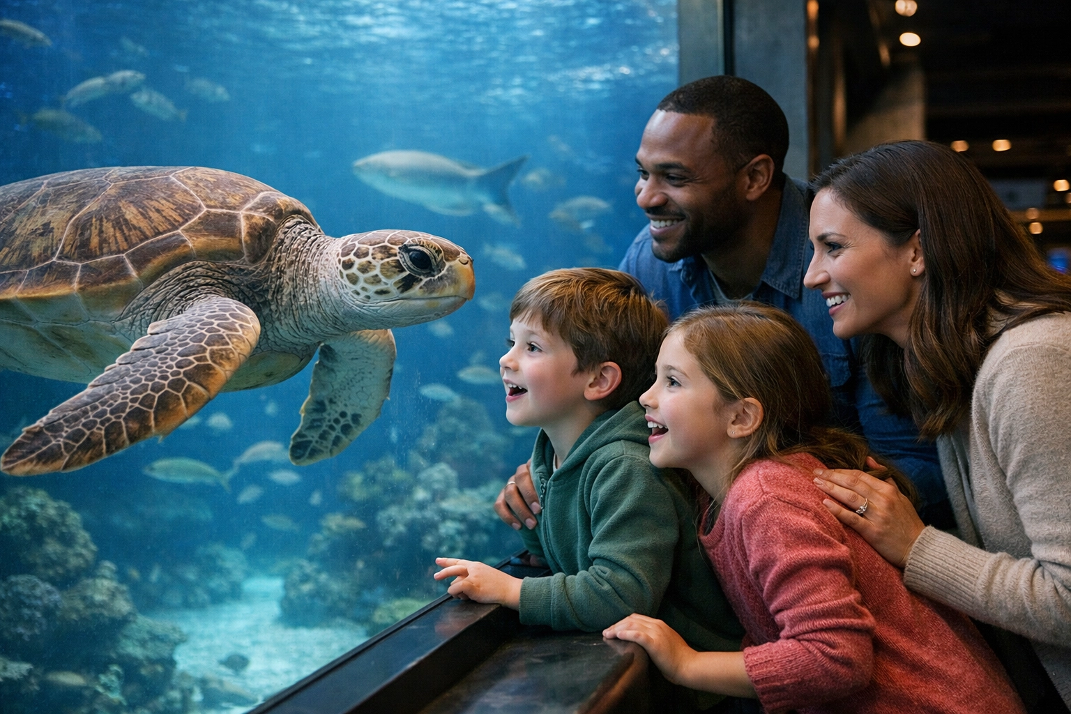 A family experiencing high dwell-time engagement at a modern aquarium underwater exhibit.