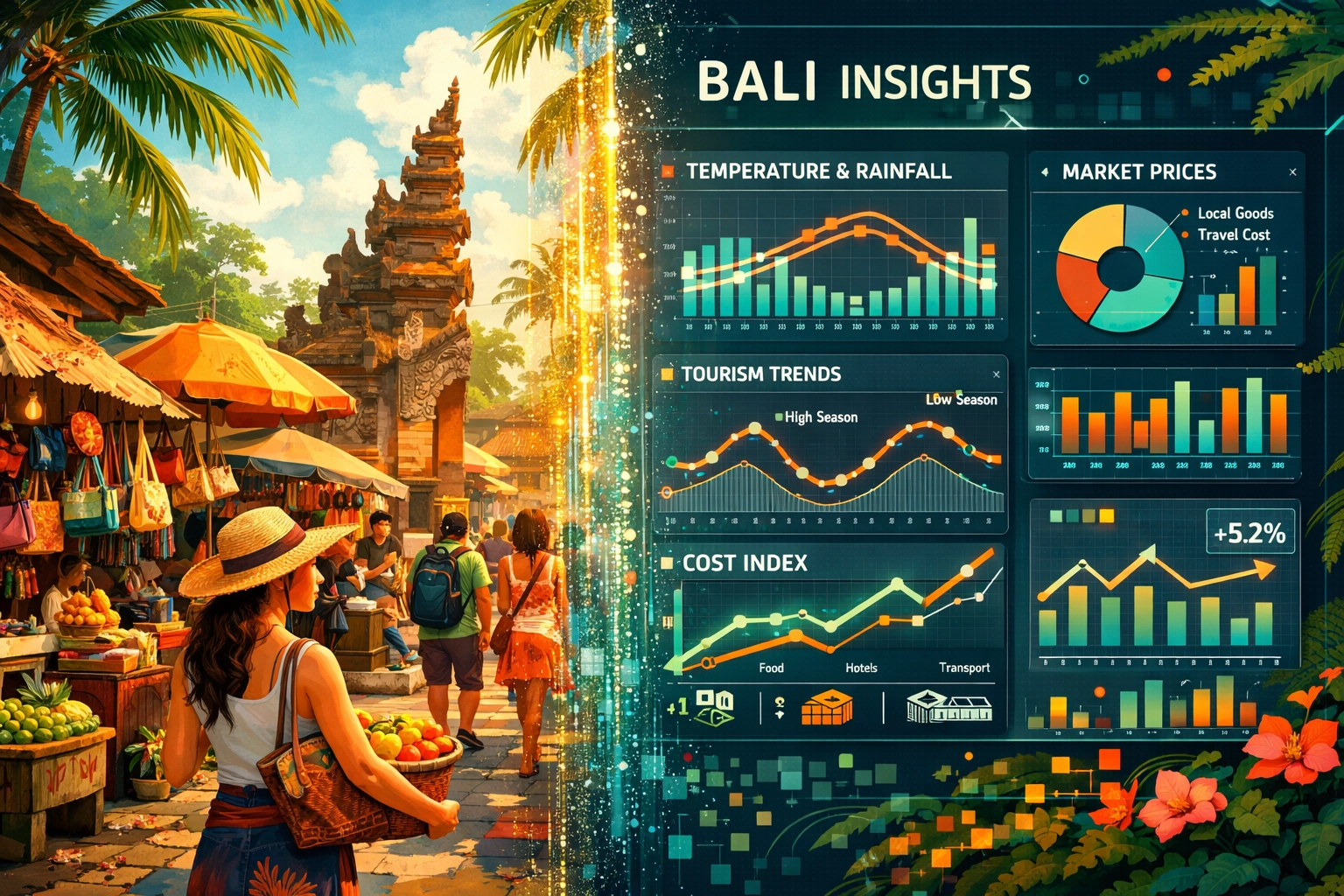 Data visualization overlaying a travel scene to illustrate how programmatic SEO captures local search intent.