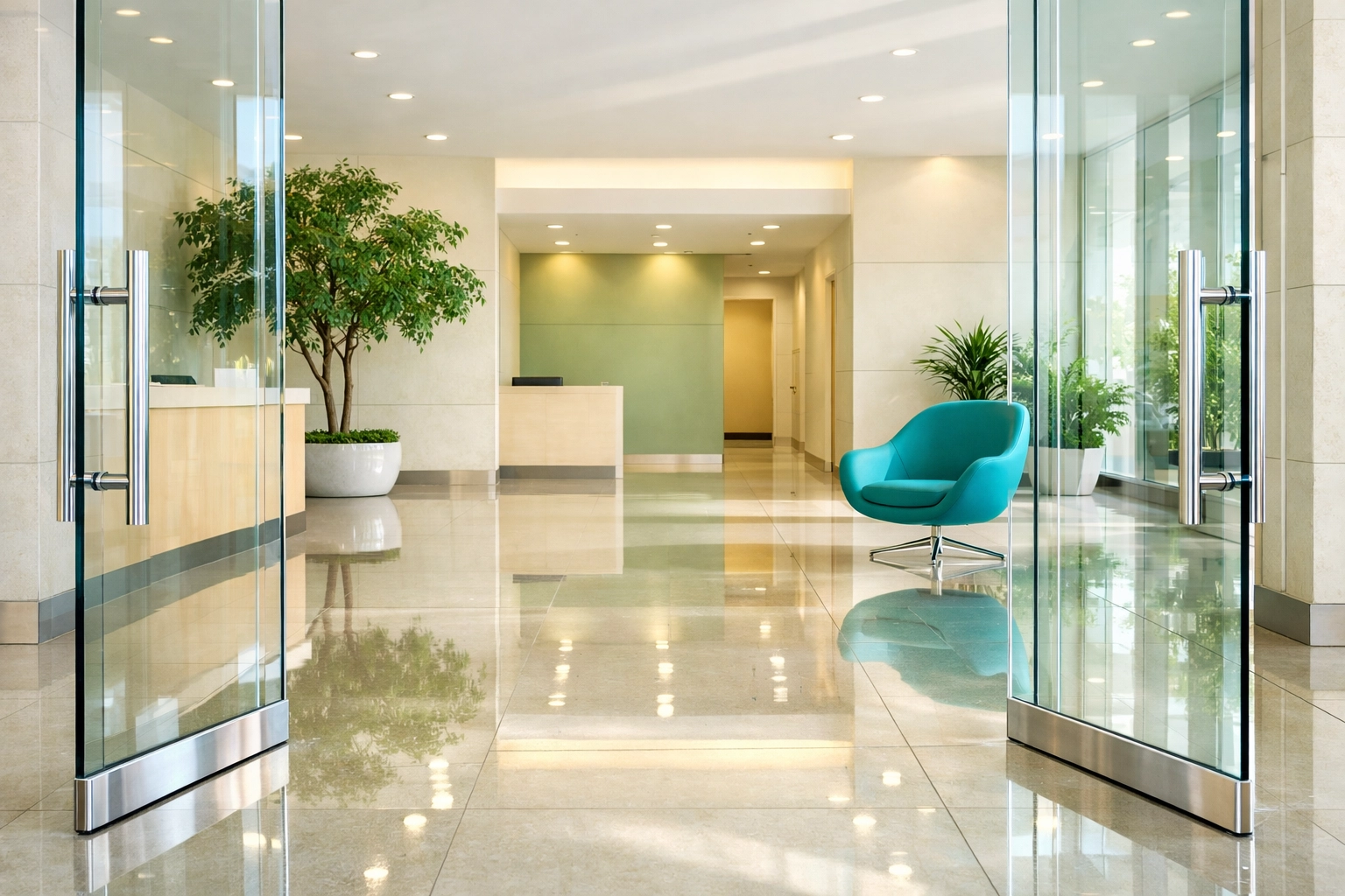 A pristine commercial lobby in Cedar Falls with streak-free glass and polished floors, creating a great first impression.