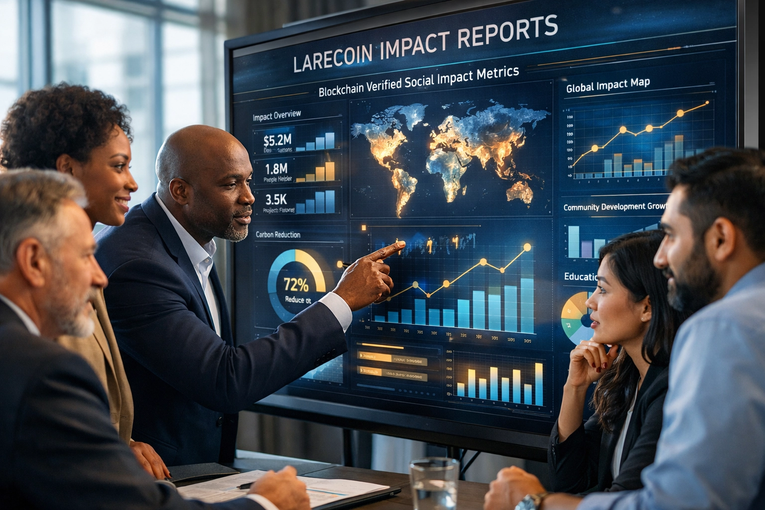 Business team reviewing blockchain-verified Larecoin impact reports and charitable contribution metrics