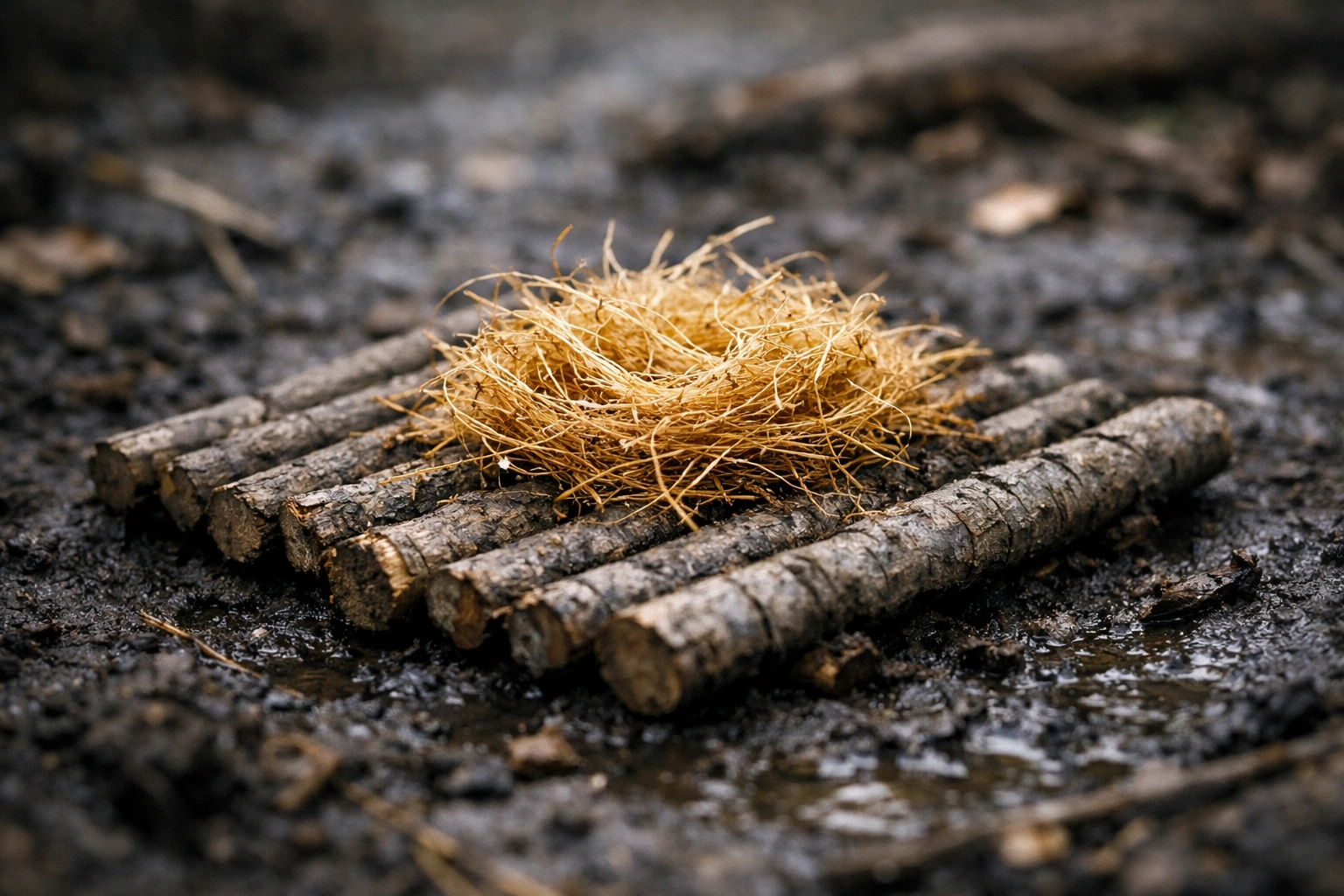 A wooden fire raft platform built on damp ground to insulate tinder, as taught in bushcraft courses.
