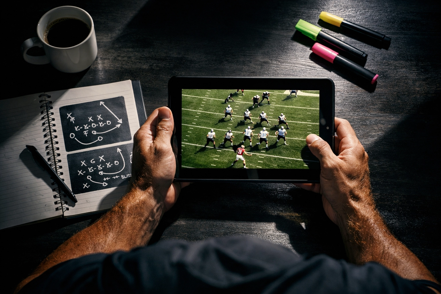 Athlete studying game film and strategic plays for improved performance