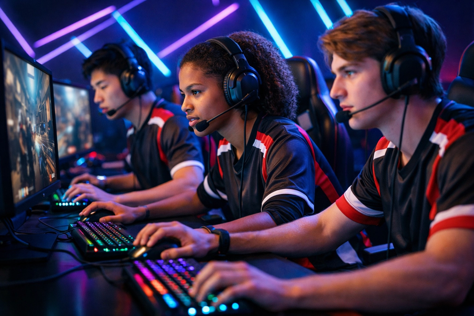 High school esports team competing in tournament developing teamwork and leadership skills