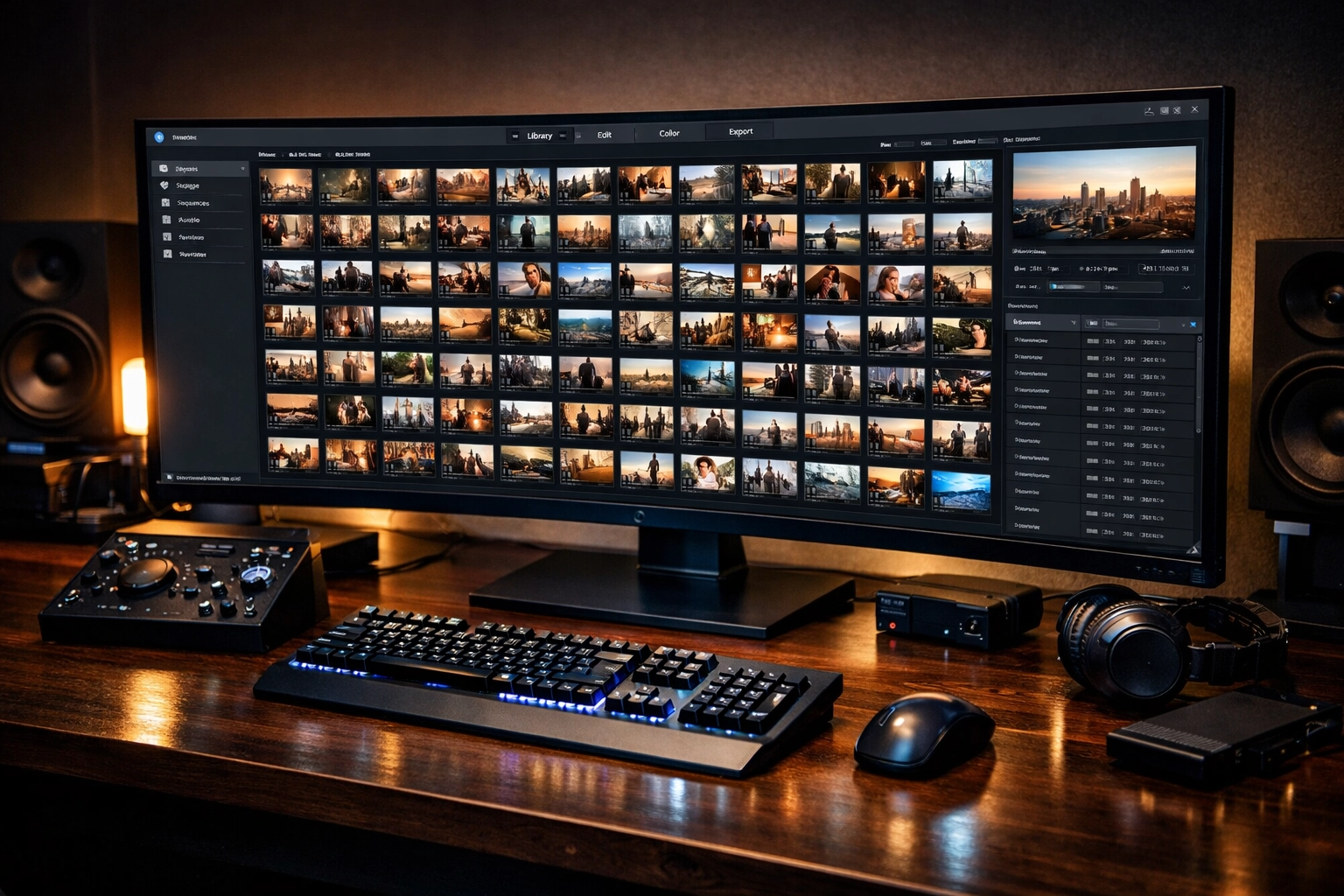 Professional video editing suite using media asset management to organize and repurpose high-quality digital assets.