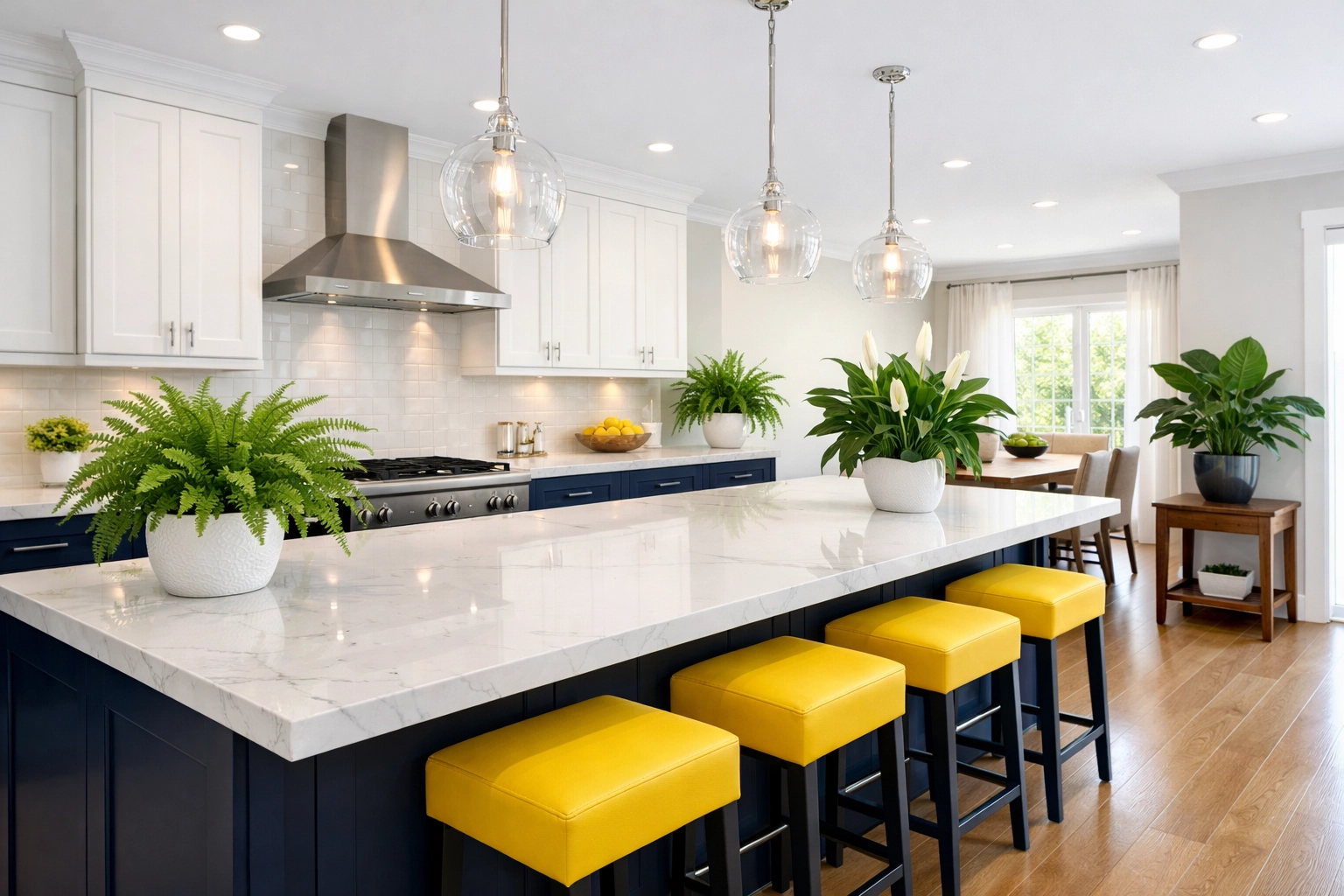 A pristine kitchen featuring air-purifying plants like Boston Ferns and Peace Lilies on clean countertops.