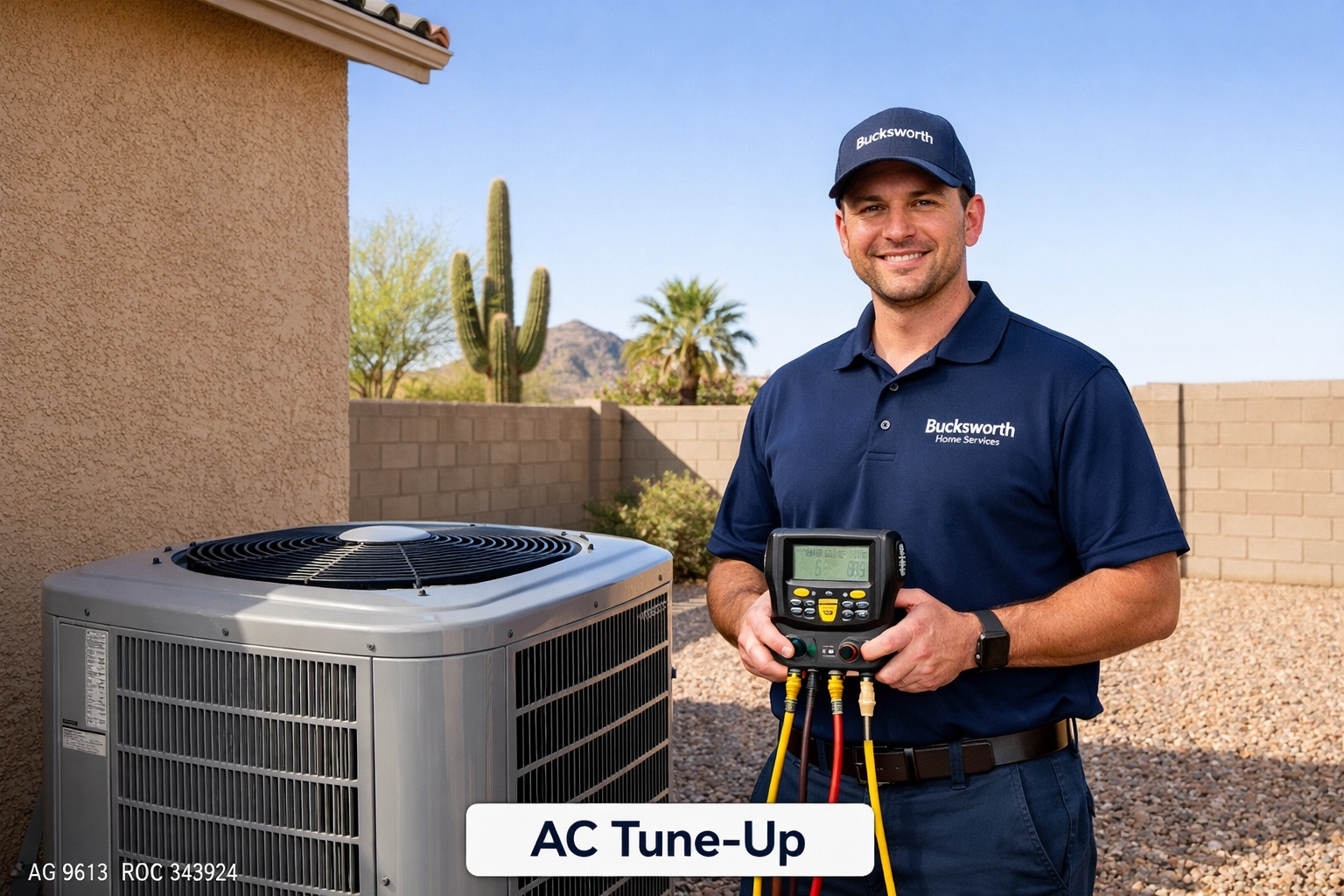 Bucksworth technician performing a professional Phoenix AC tune-up on an outdoor cooling unit.