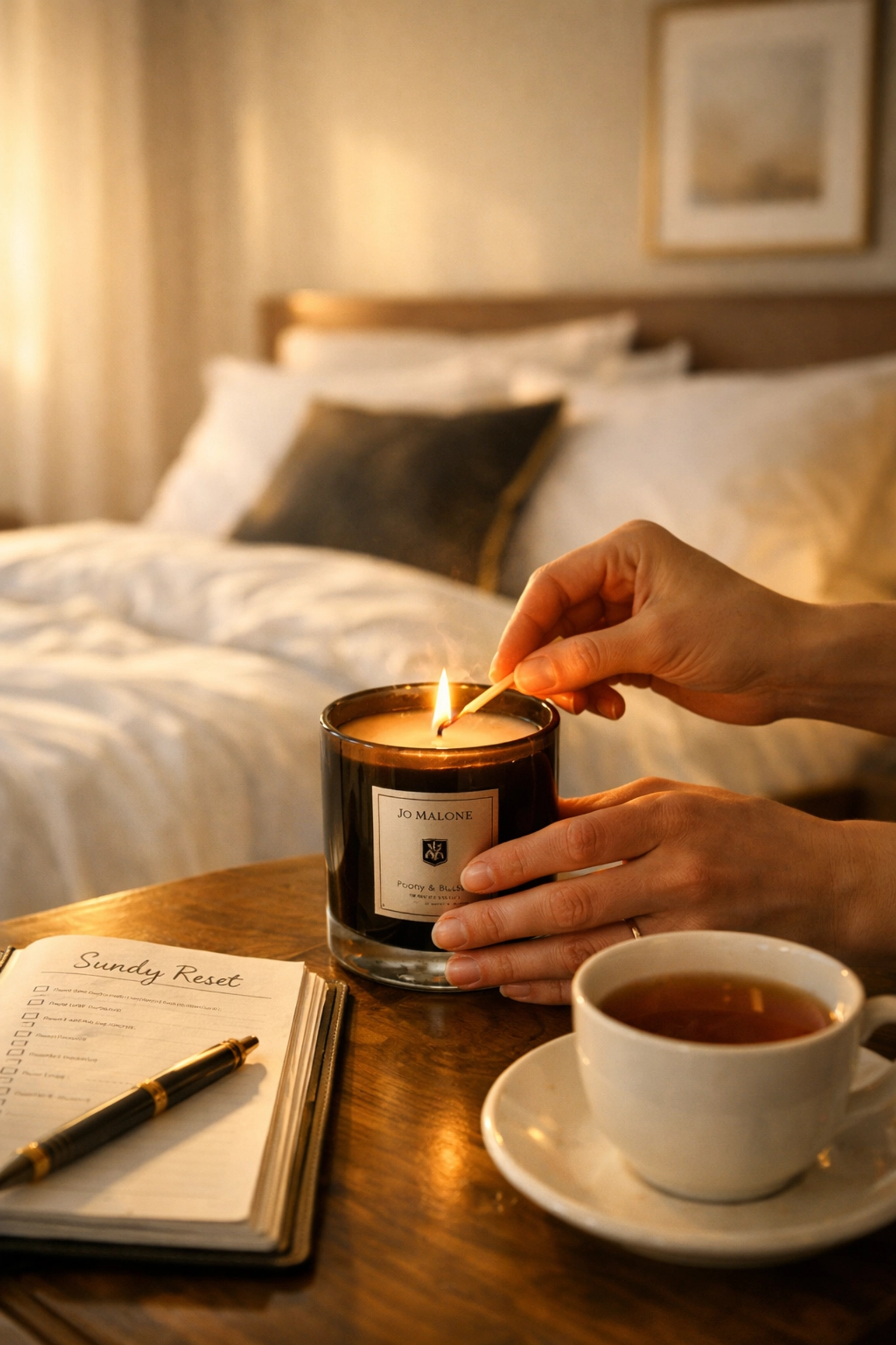 Lighting a luxury candle during a Sunday reset ritual with a planner and tea for intentional living.