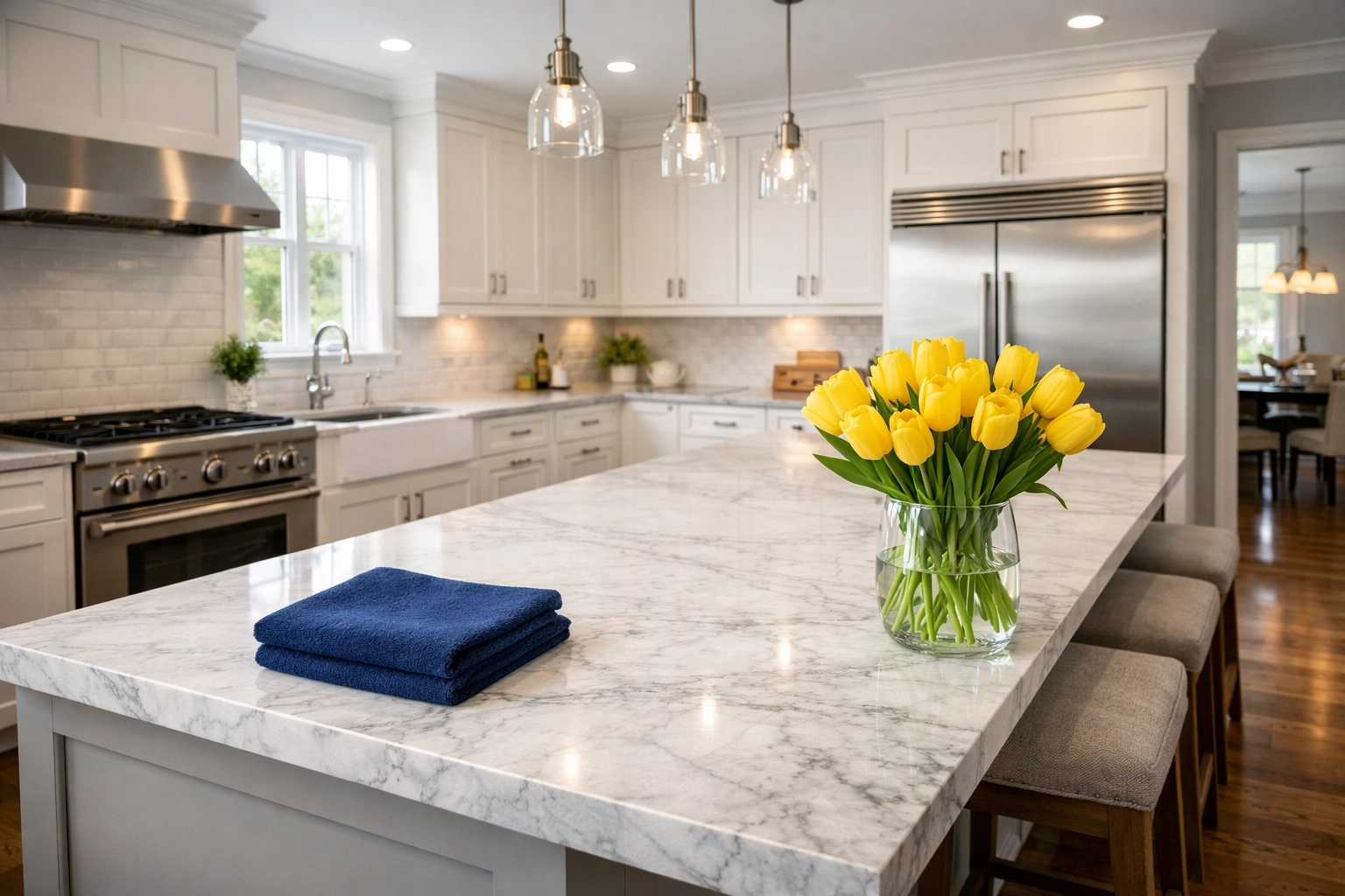 Professionally cleaned modern kitchen in Ashby MA featuring white cabinets and marble counters.