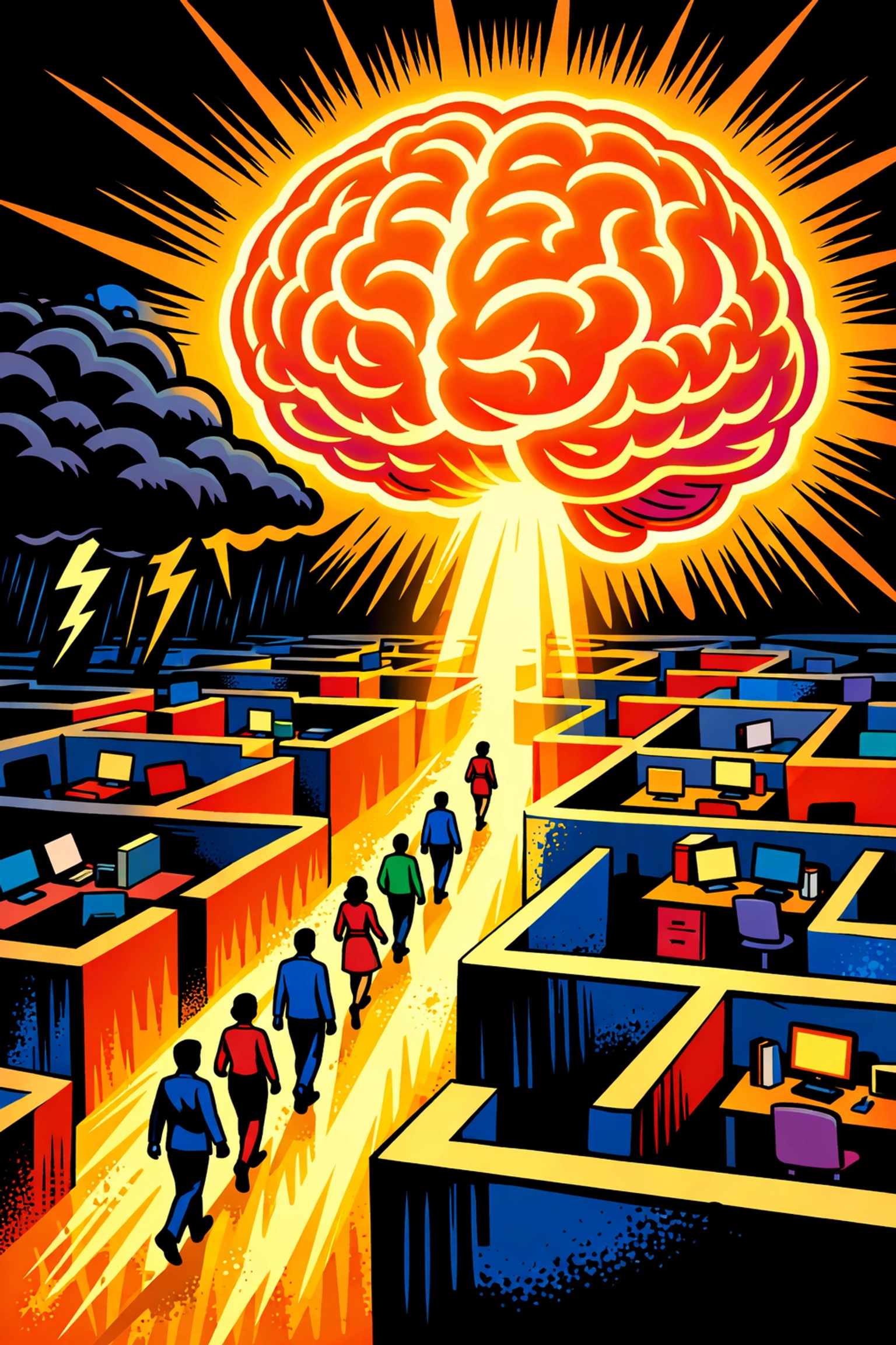 AI brain automating project management and guiding a team through complex business tasks.