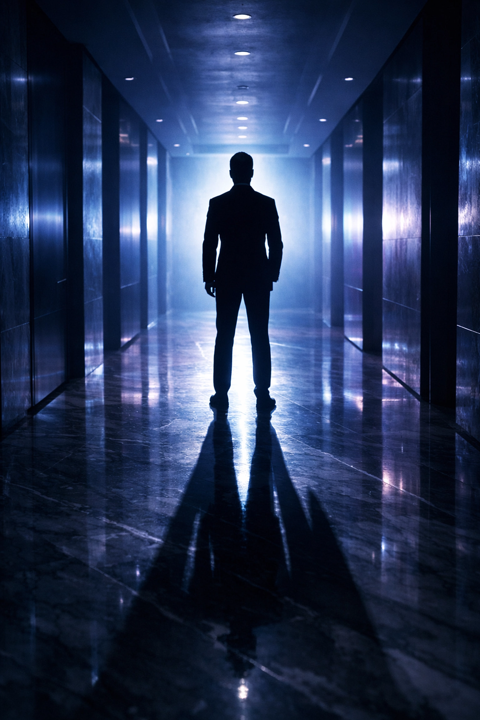 Silhouette of a professional trustee standing in a hallway representing authority and legal consultation.