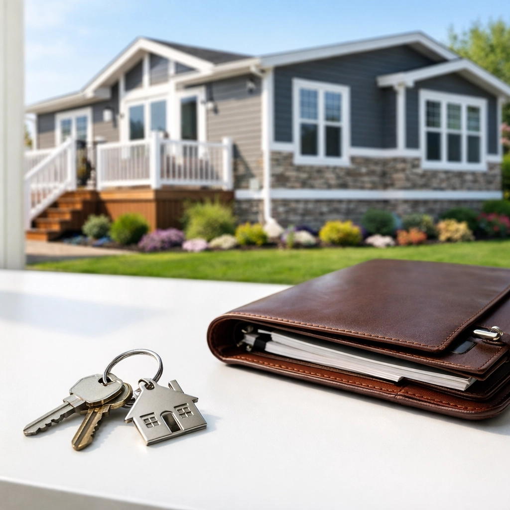 House keys and documents on a desk symbolizing the legal conversion of a mobile home to real property.