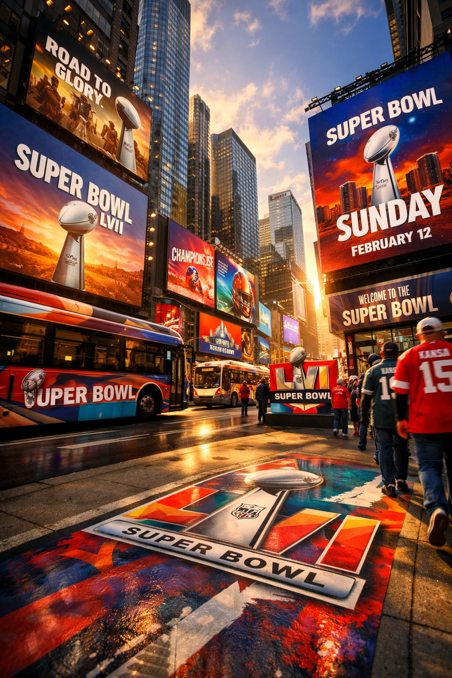 Downtown street with digital billboards and floor graphics during Super Bowl week fan traffic