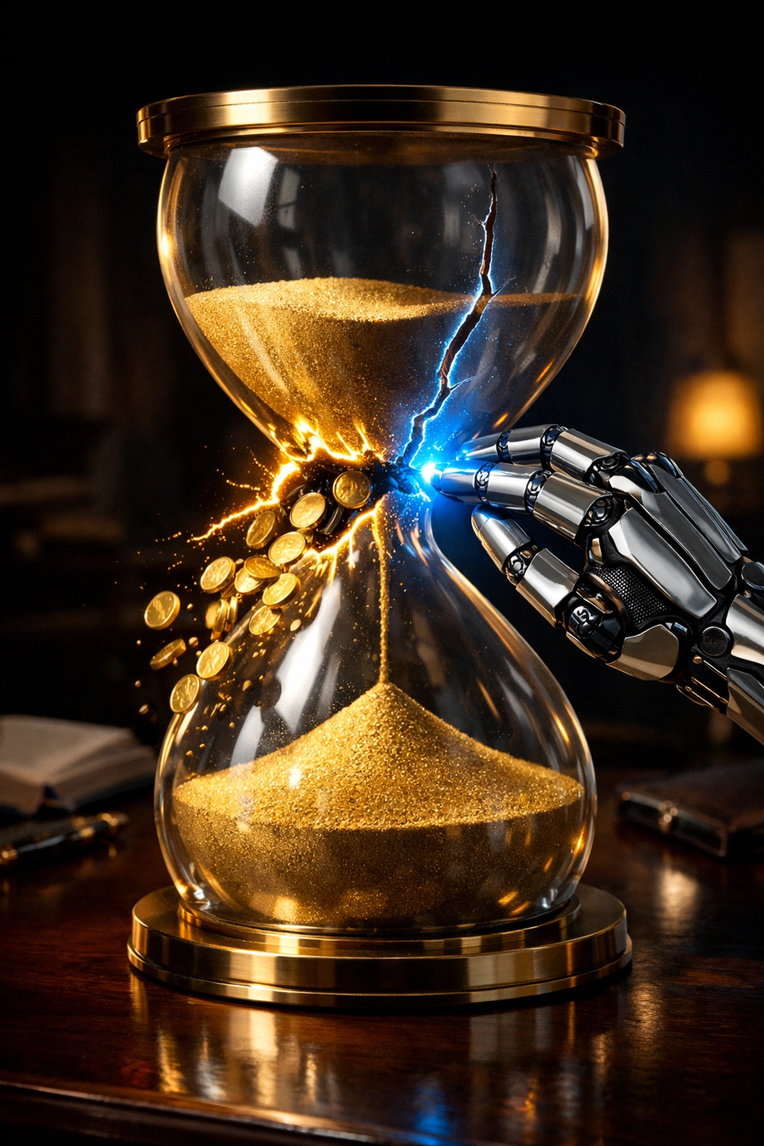 Robotic hand fixing a financial leak in an hourglass to symbolize automated ROI for author businesses.