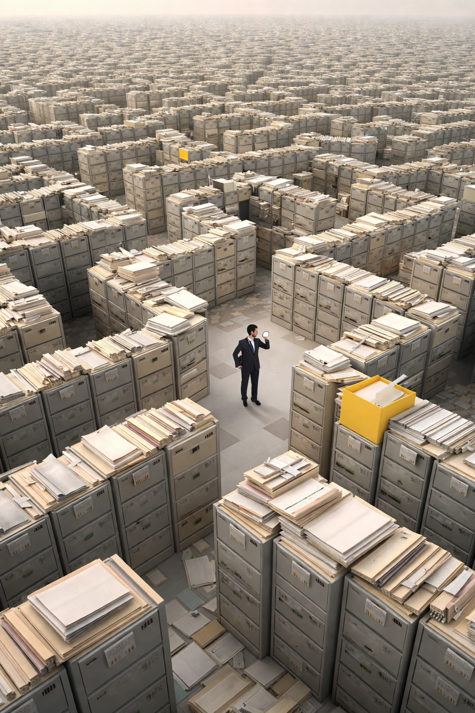 A businessman lost in a massive maze of filing cabinets illustrates the confusion of over-diversification in investing.