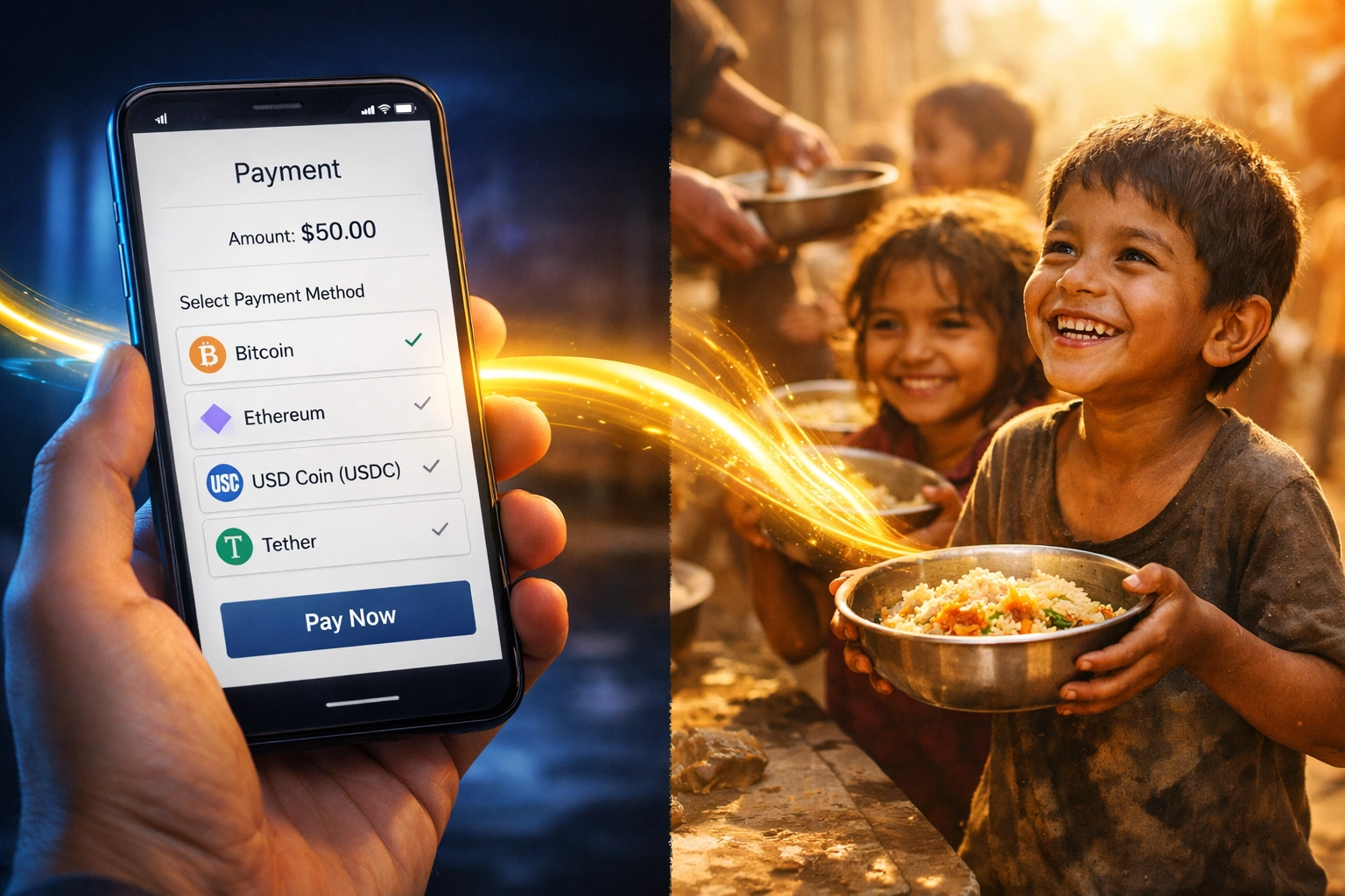 Cryptocurrency payment on smartphone directly funding meals for children through Web3 technology