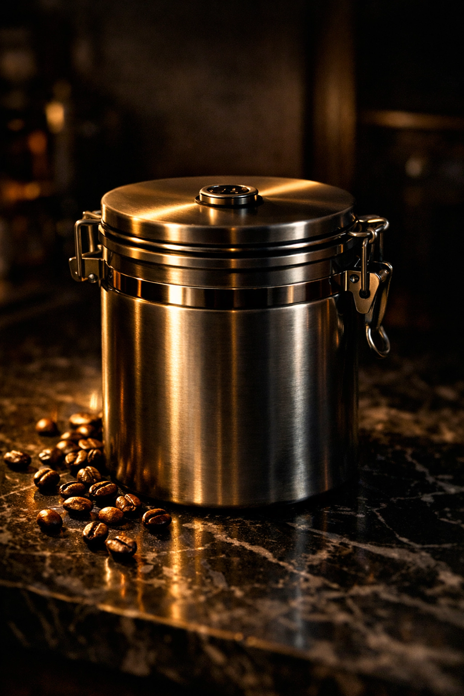 Stainless steel airtight coffee canister with CO2 valve and scattered coffee beans