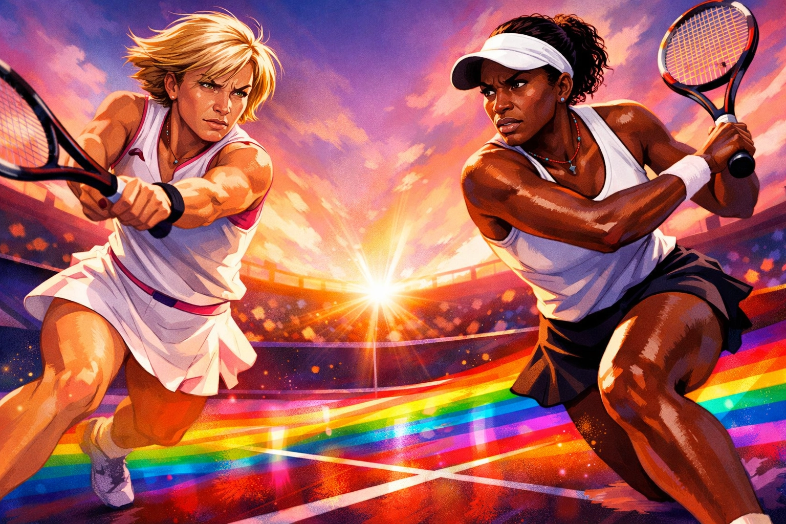 Billie Jean King and Martina Navratilova legendary lesbian tennis players in action on court