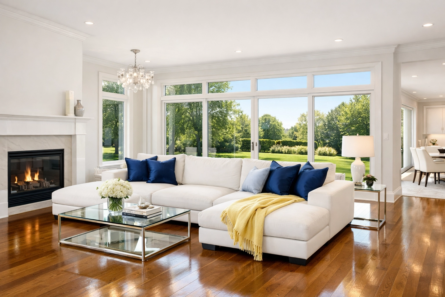 Sun-drenched living room with clean floors showing the results of weekly house cleaning in MetroWest South.