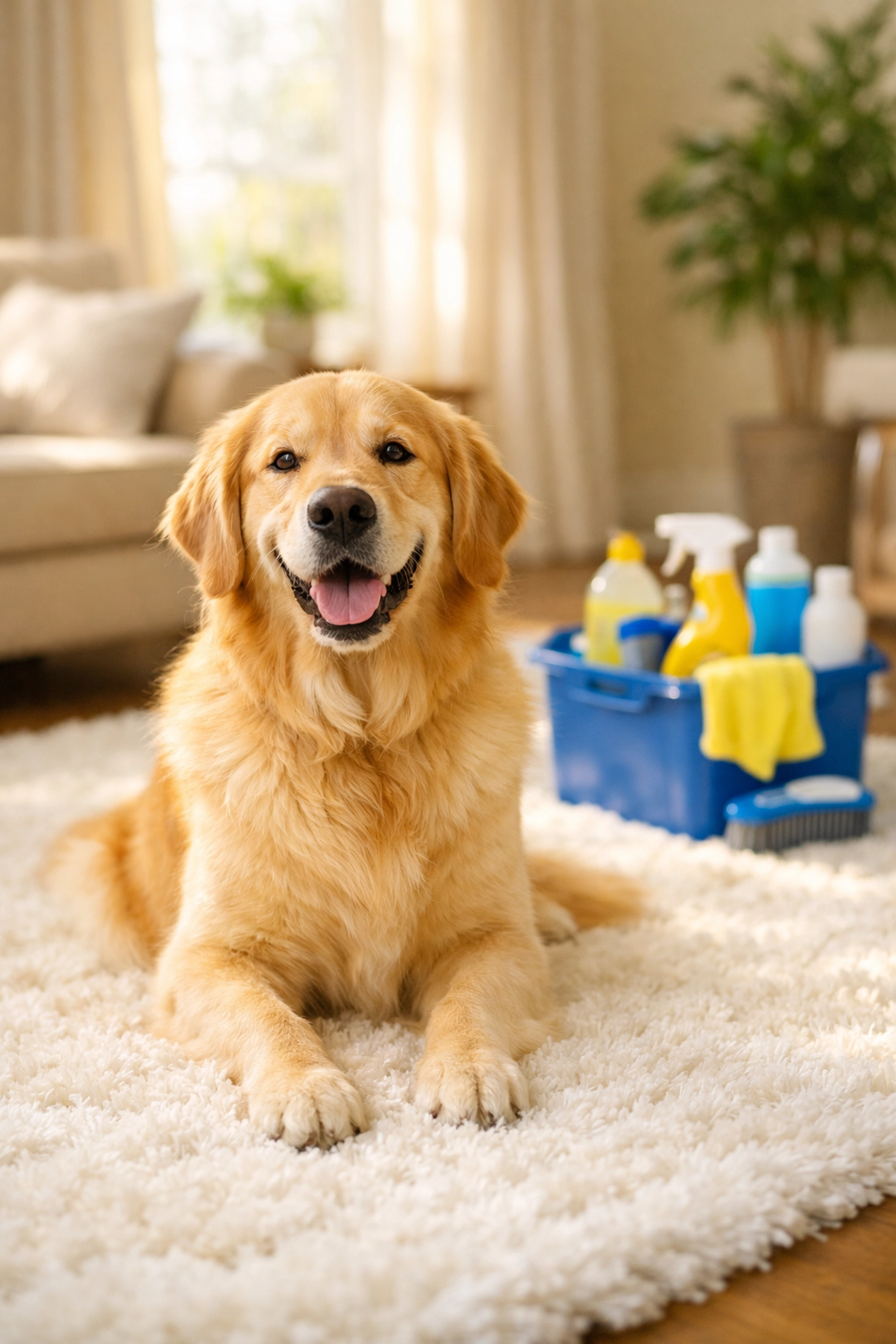 Happy dog on a clean rug after pet-friendly house cleaning services near me in MA.