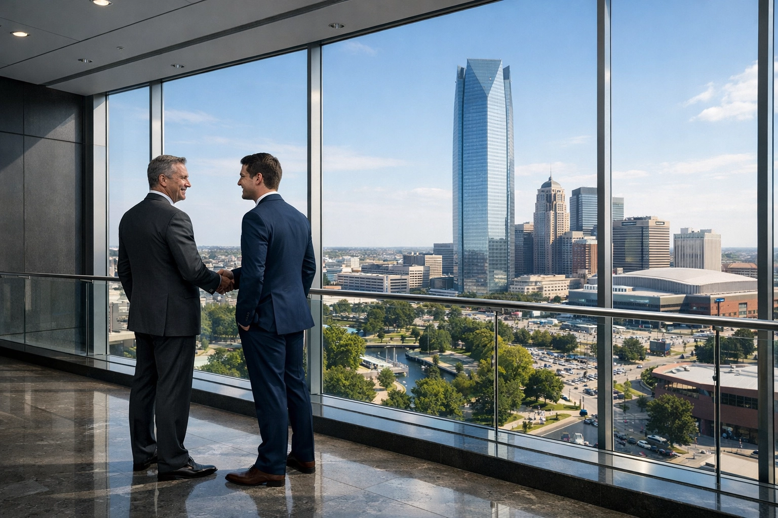 Real estate professionals shaking hands in a modern Oklahoma atrium after completing license training.