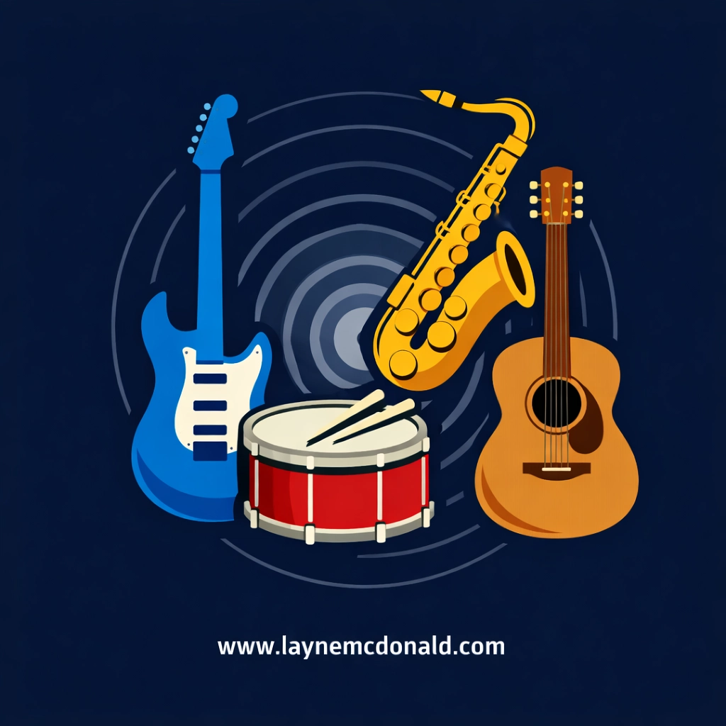 Four musical instruments representing diverse Christian worship genres for podcast episodes