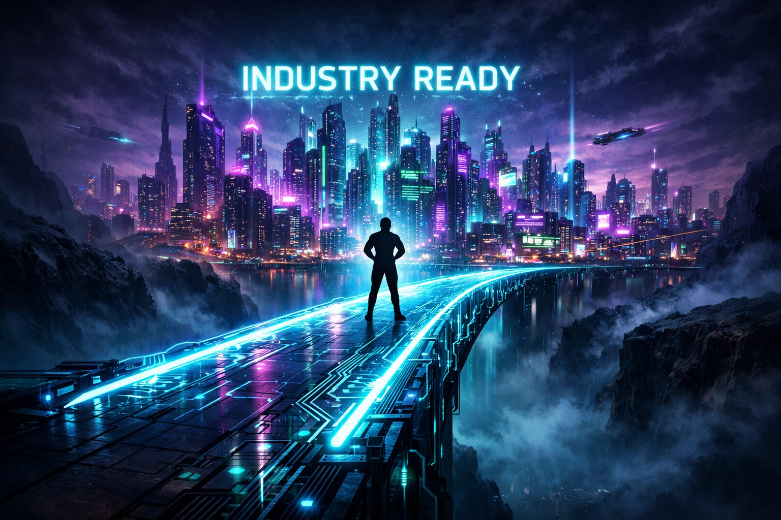 A person crossing a neon circuit bridge to represent closing the campus-to-career gap with AI solutions.