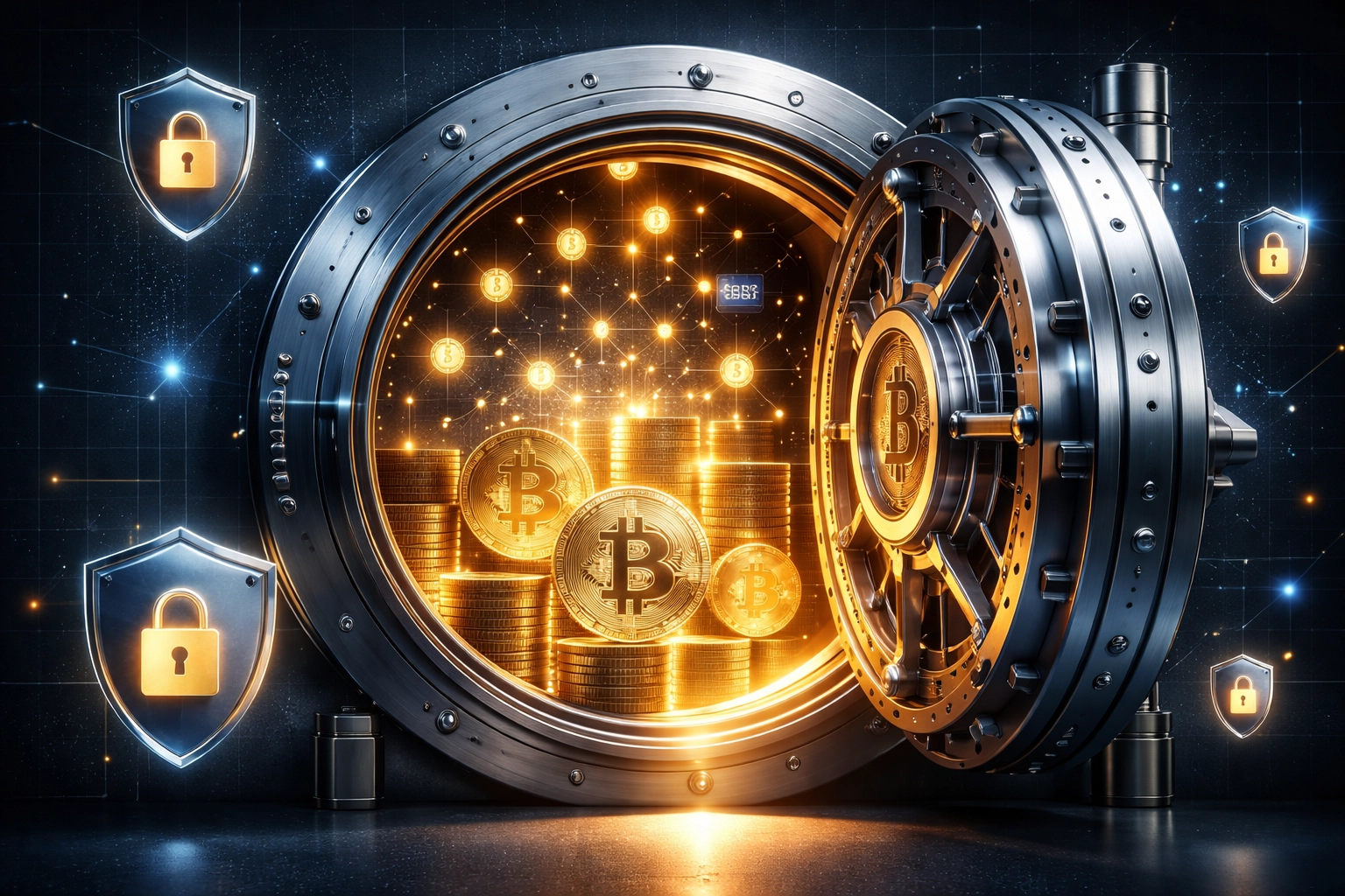 Digital vault filled with cryptocurrency, symbolizing secure self-custody and MTL-compliant crypto payments