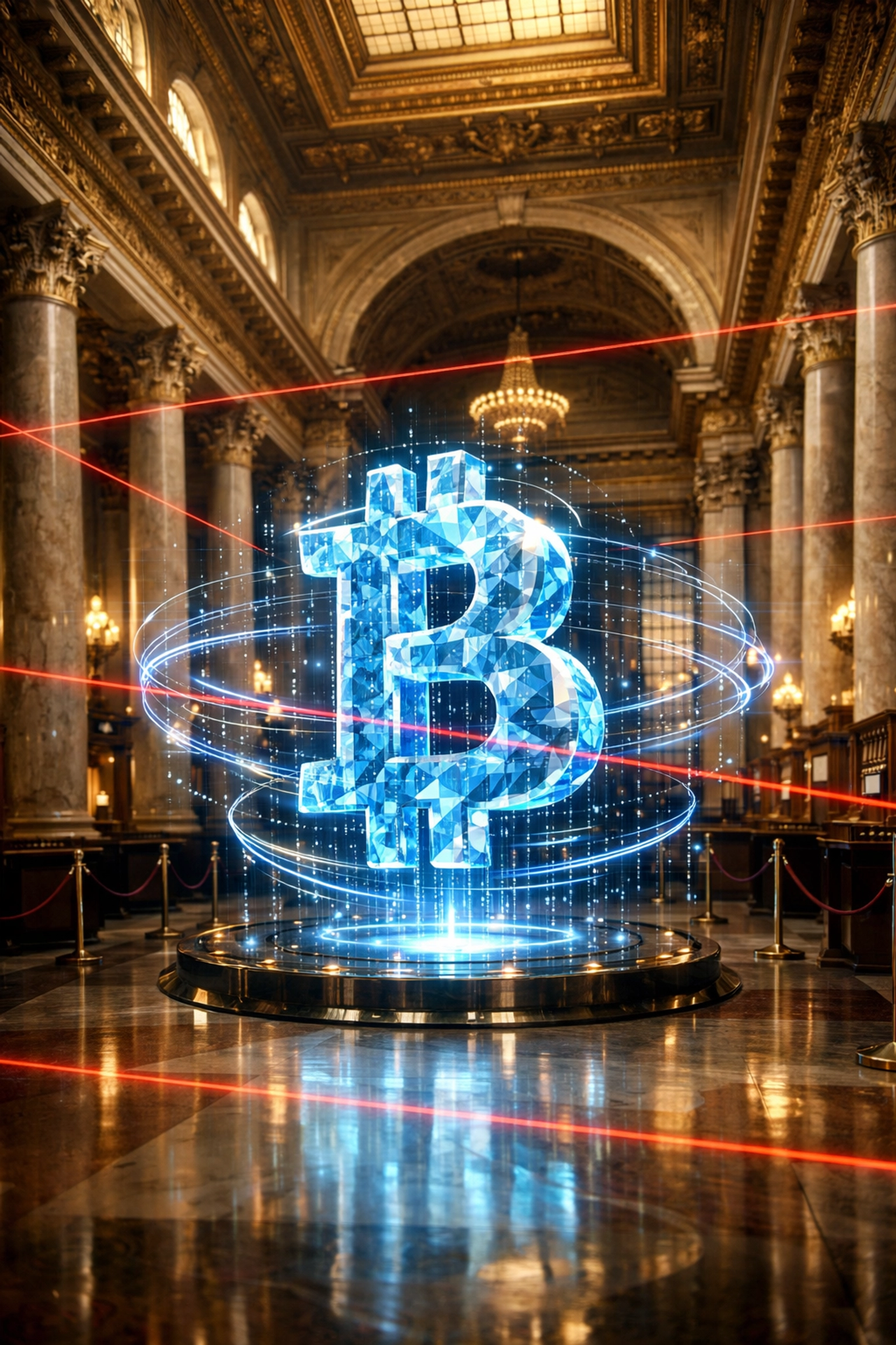 Bitcoin hologram in a bank lobby symbolizing institutional crypto custody and the growth of tokenized assets.