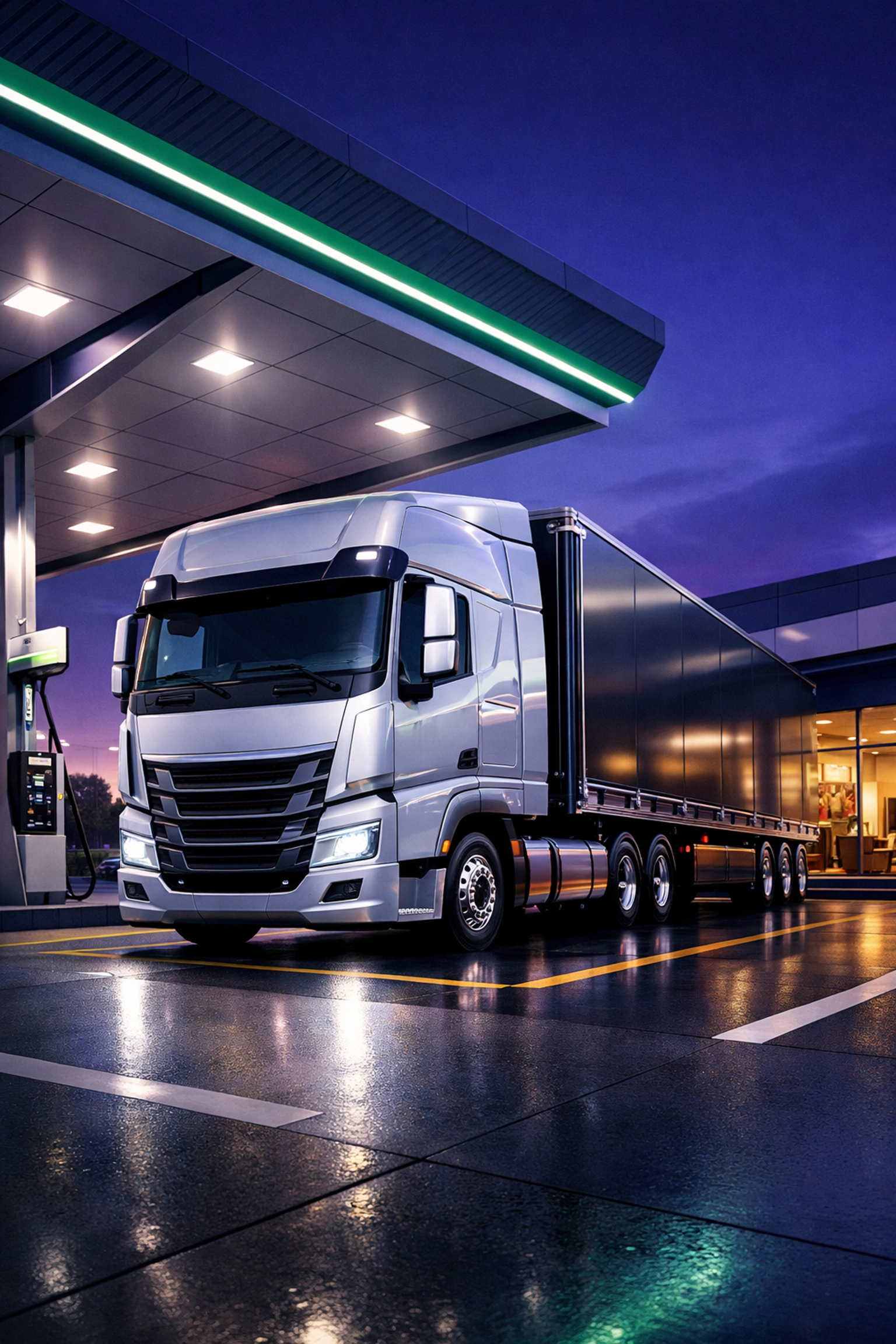 Modern Class 1 HGV truck at a premium M6 motorway service station with secure parking.