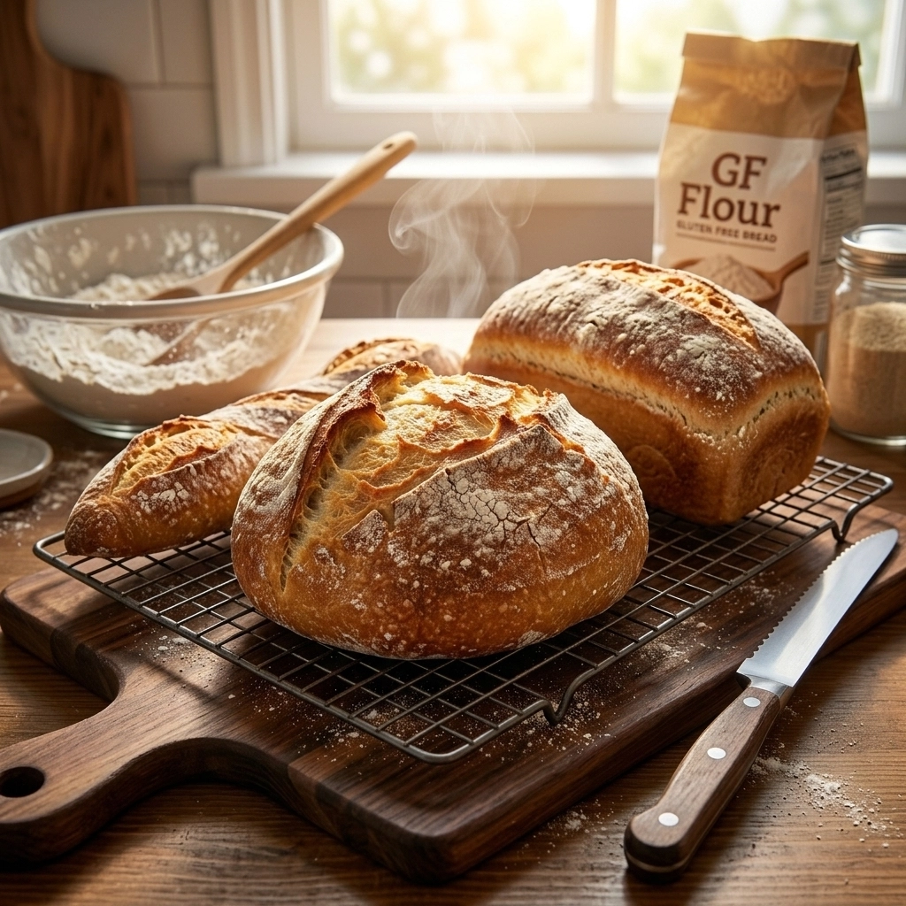 Different types of gluten-free bread on a cooling rack