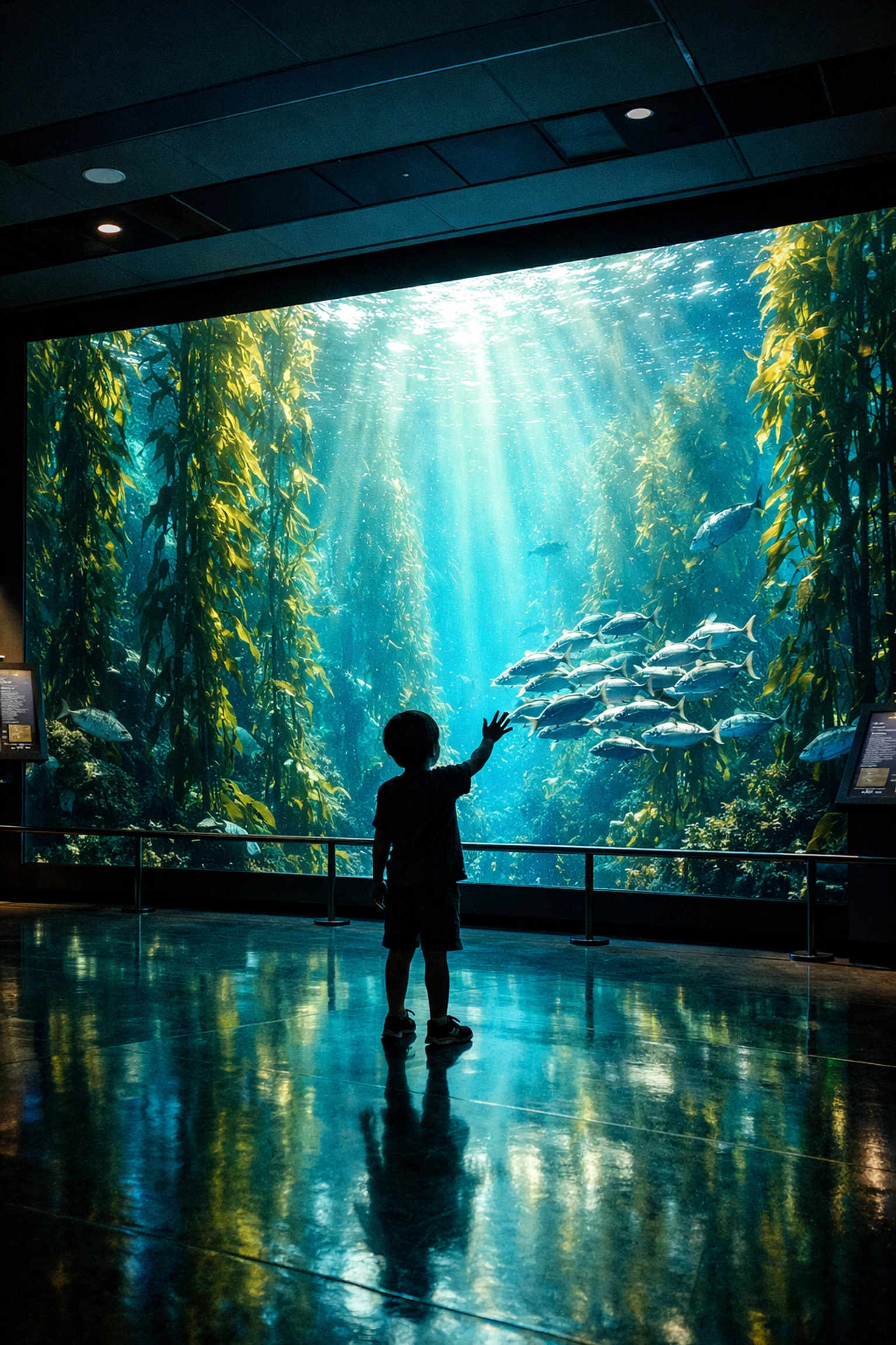 Visitor interacting with an immersive LED wall and interactive aquarium display in a modern zoo gallery.