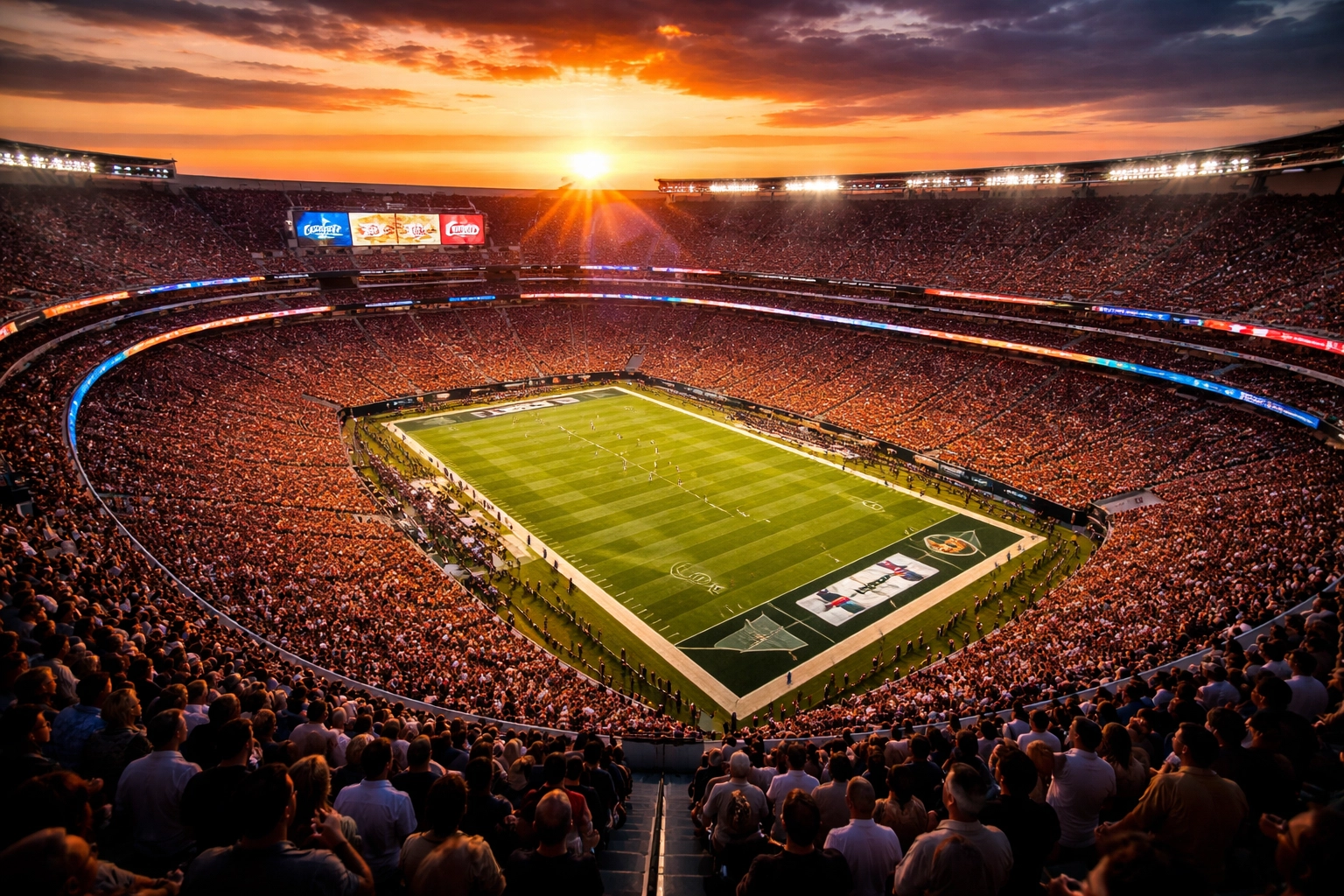 Aerial view of a crowded stadium at sunset with digital advertising boards, showing the energy and reach of modern venue advertising.