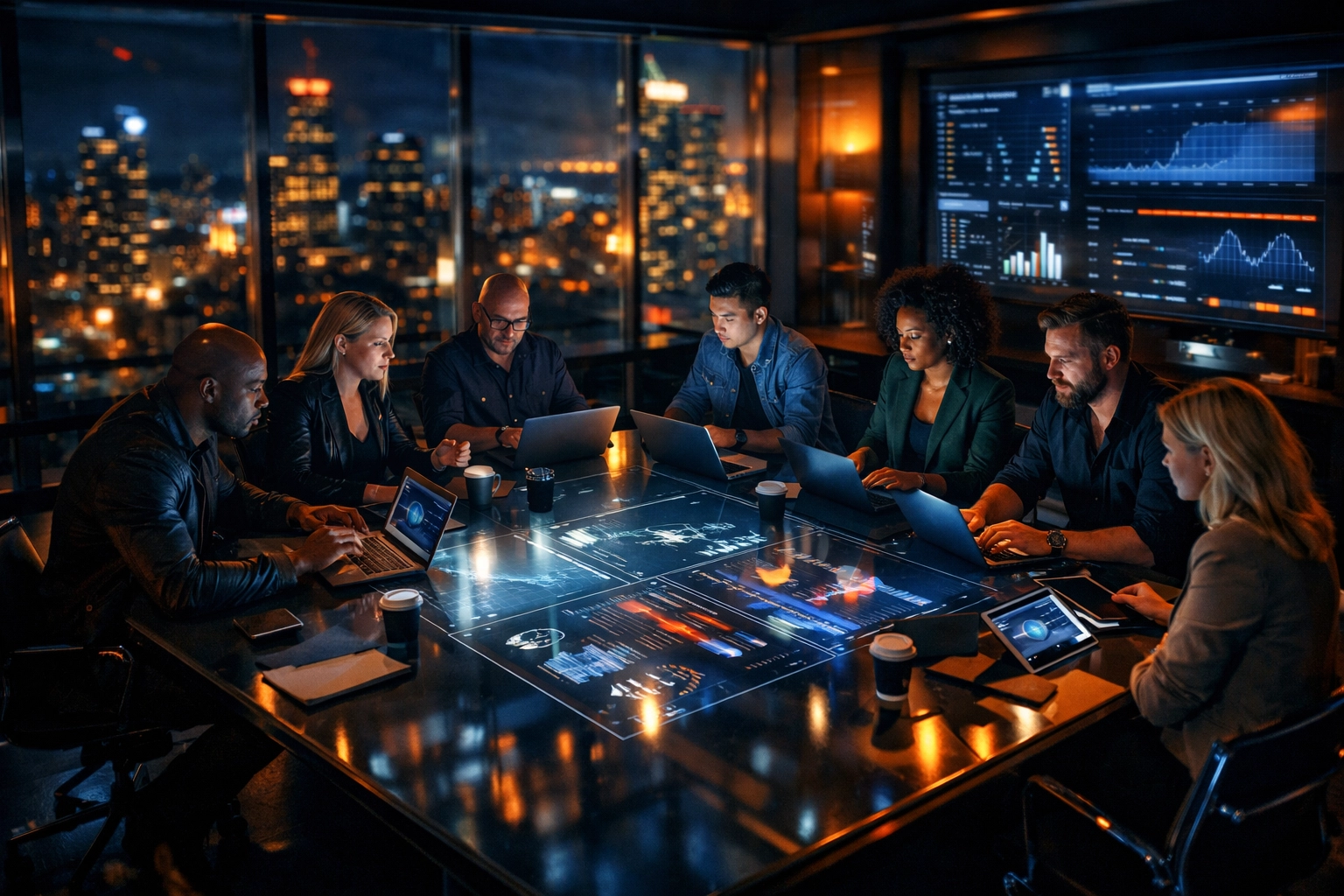 Music industry professionals collaborating on strategy in a modern war room conference space.