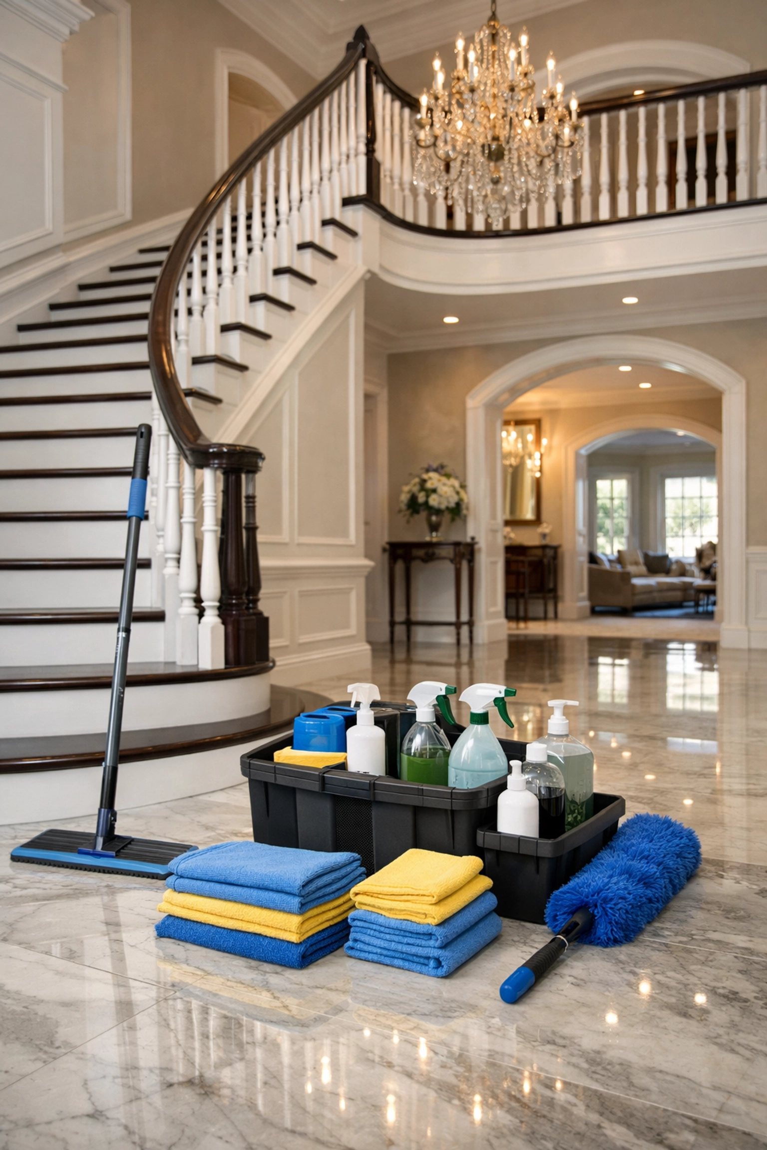 Immaculate marble floors and grand staircase in a Wellesley home cleaned with eco-friendly products.