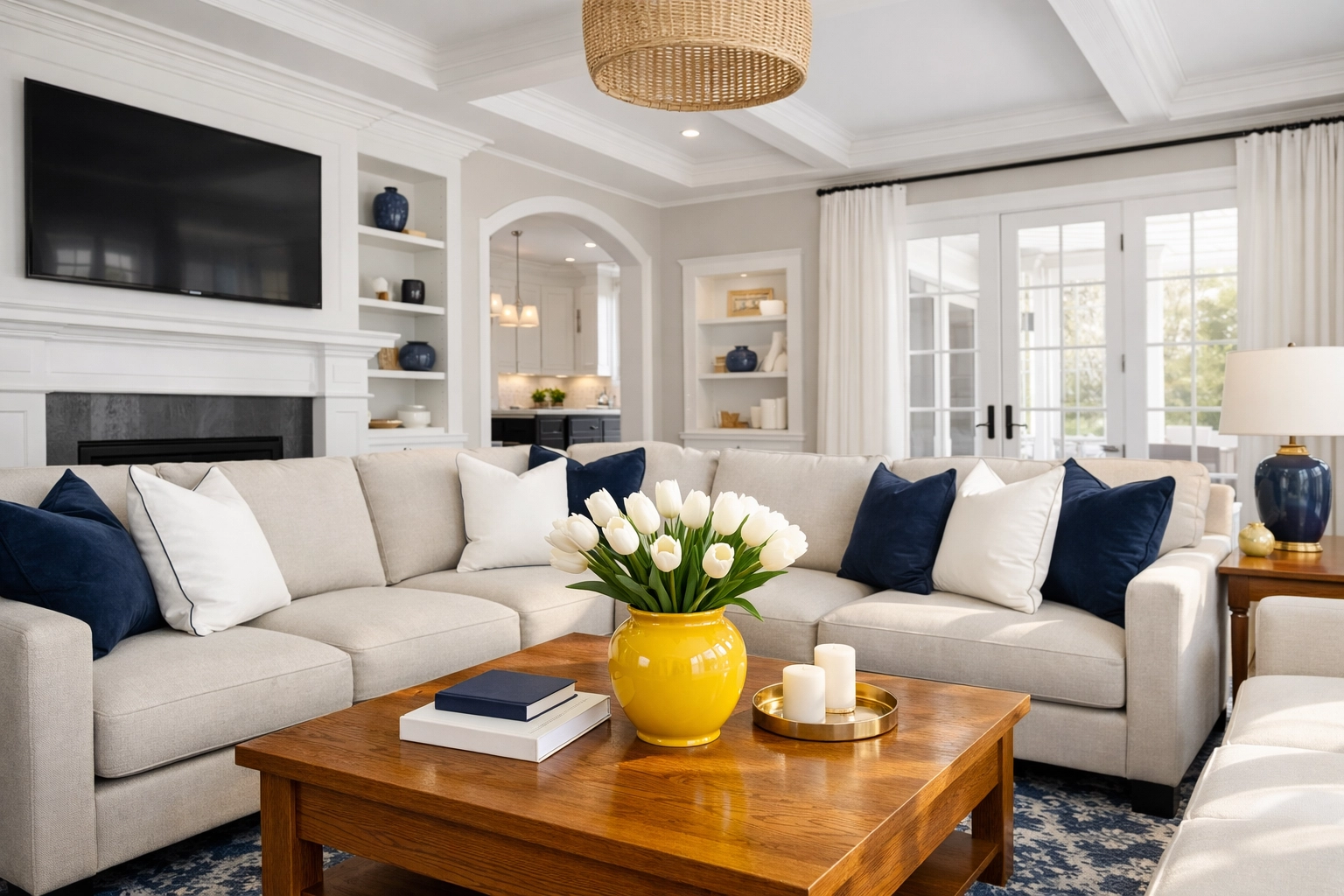 Bright and airy Massachusetts living room showcasing spotless surfaces after professional house cleaning in Leominster.