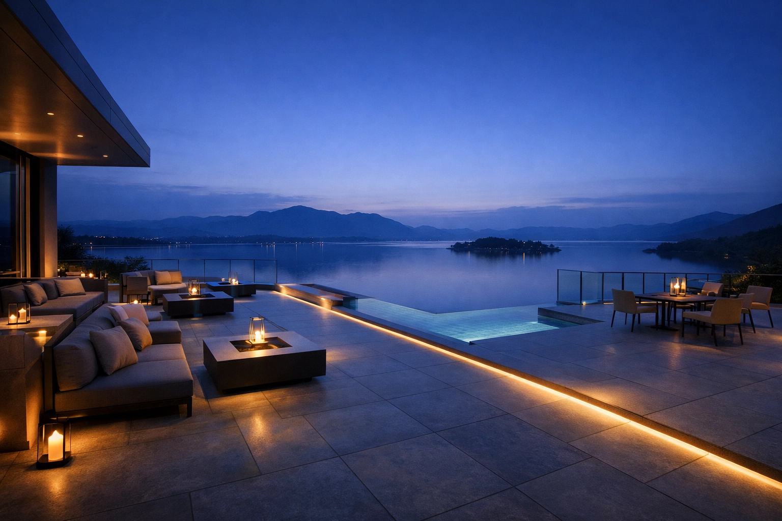 A serene, modern hotel terrace reflecting the future of luxury hospitality and technology.